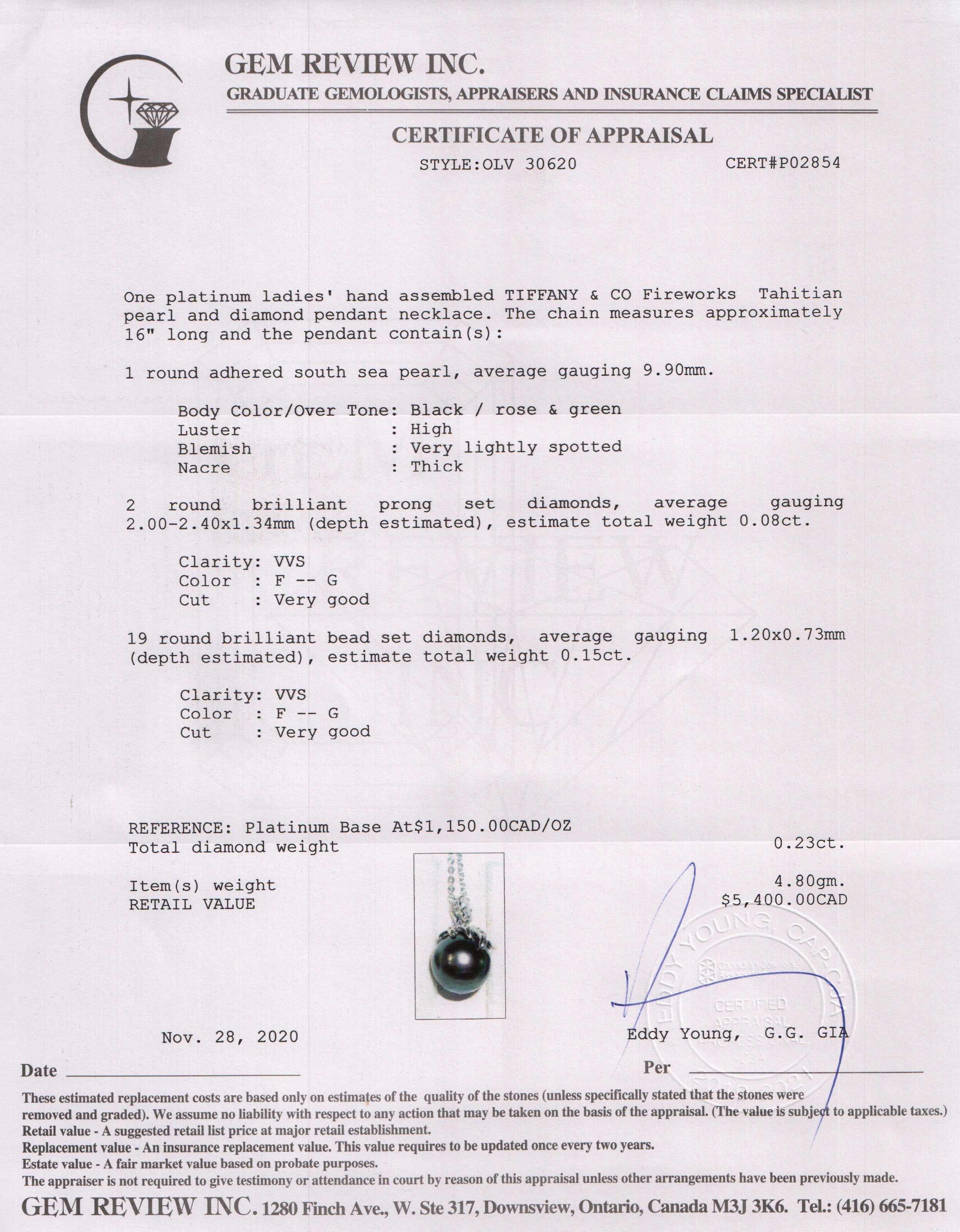 Tiffany Platinum Fireworks Pearl and Diamond Pendant Necklace