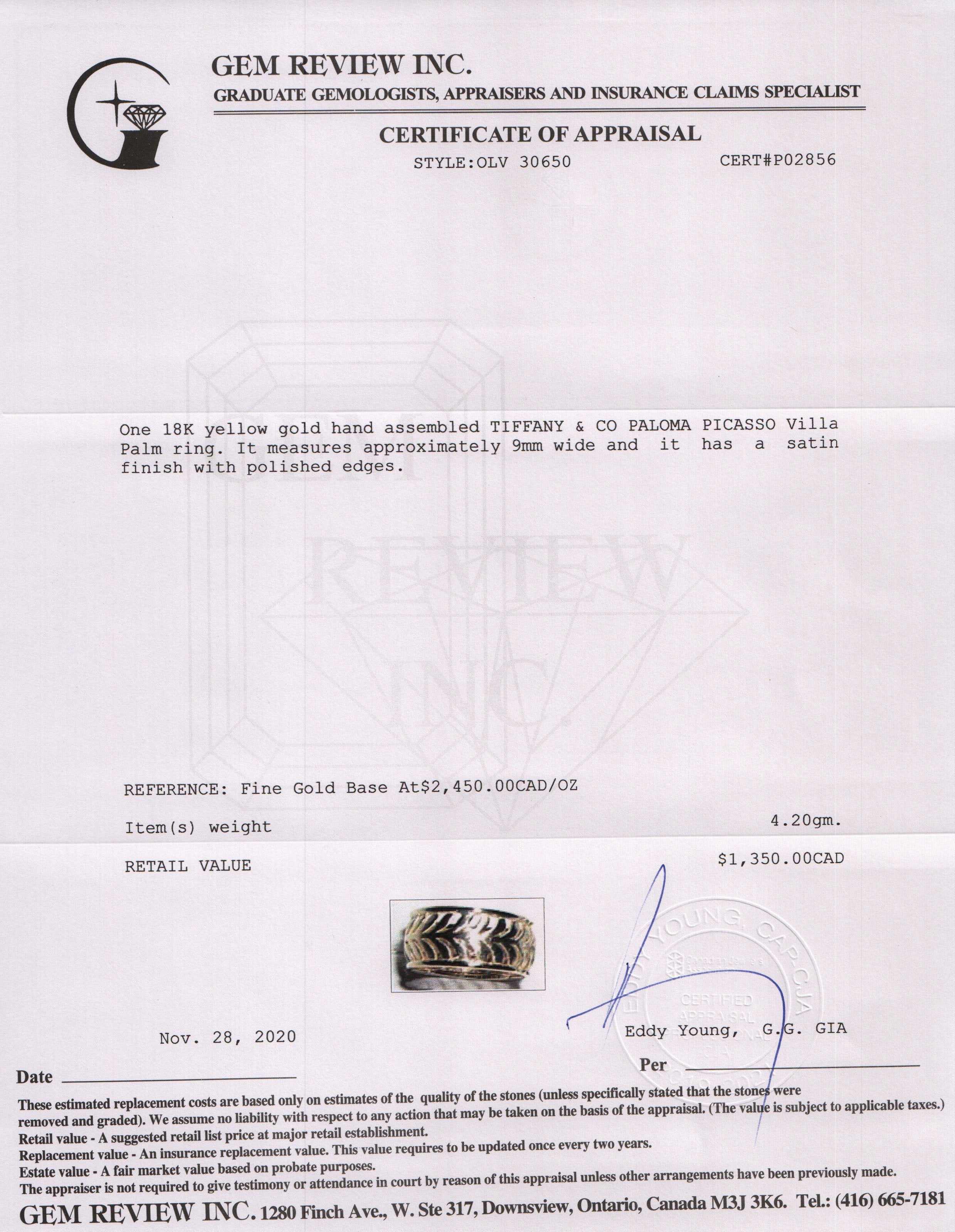 Tiffany and Co. 18k Gold Paloma Picasso Villa Palm Ring