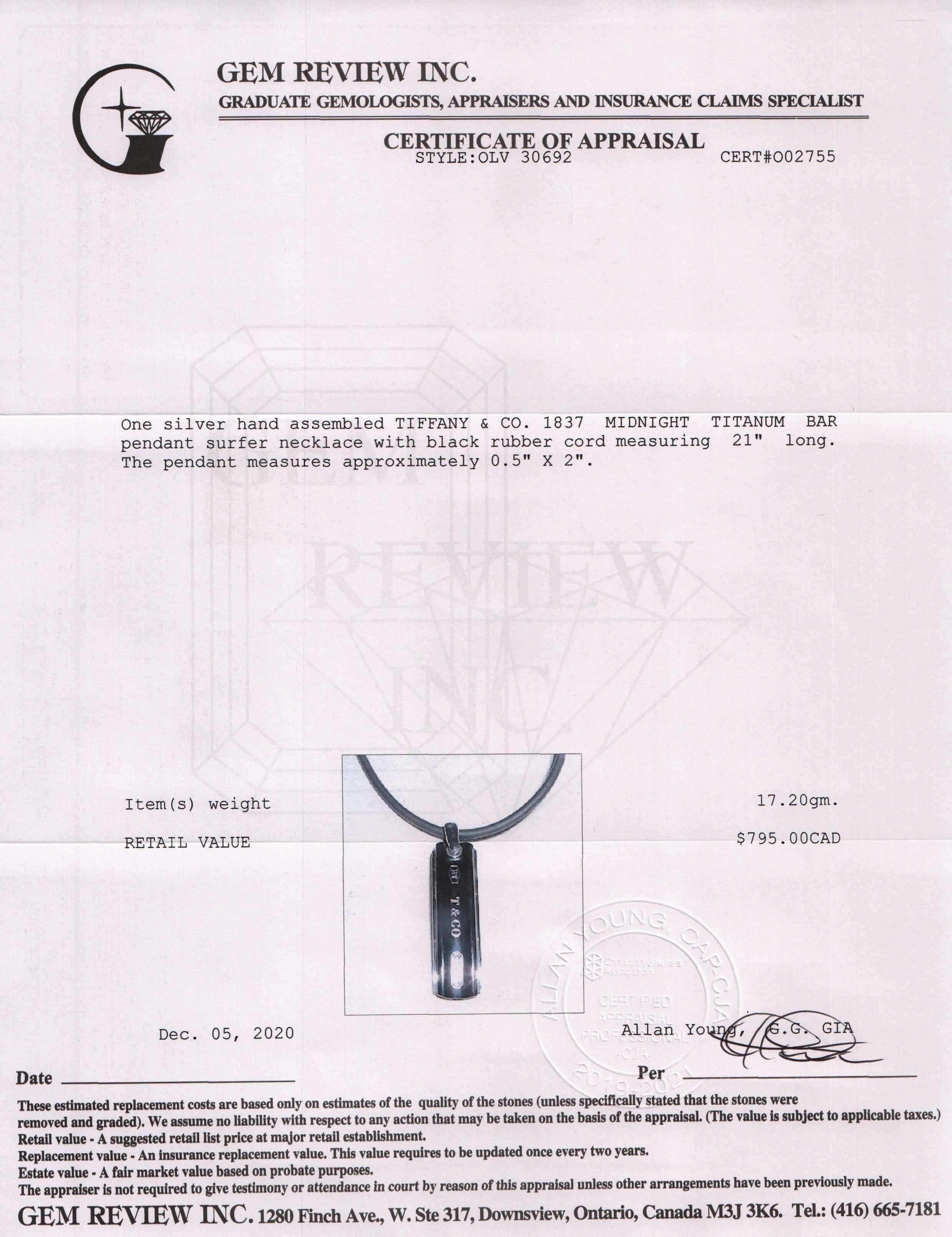 Tiffany & Co. 1837 Midnight Titanium Bar Pendant Surfer Necklace