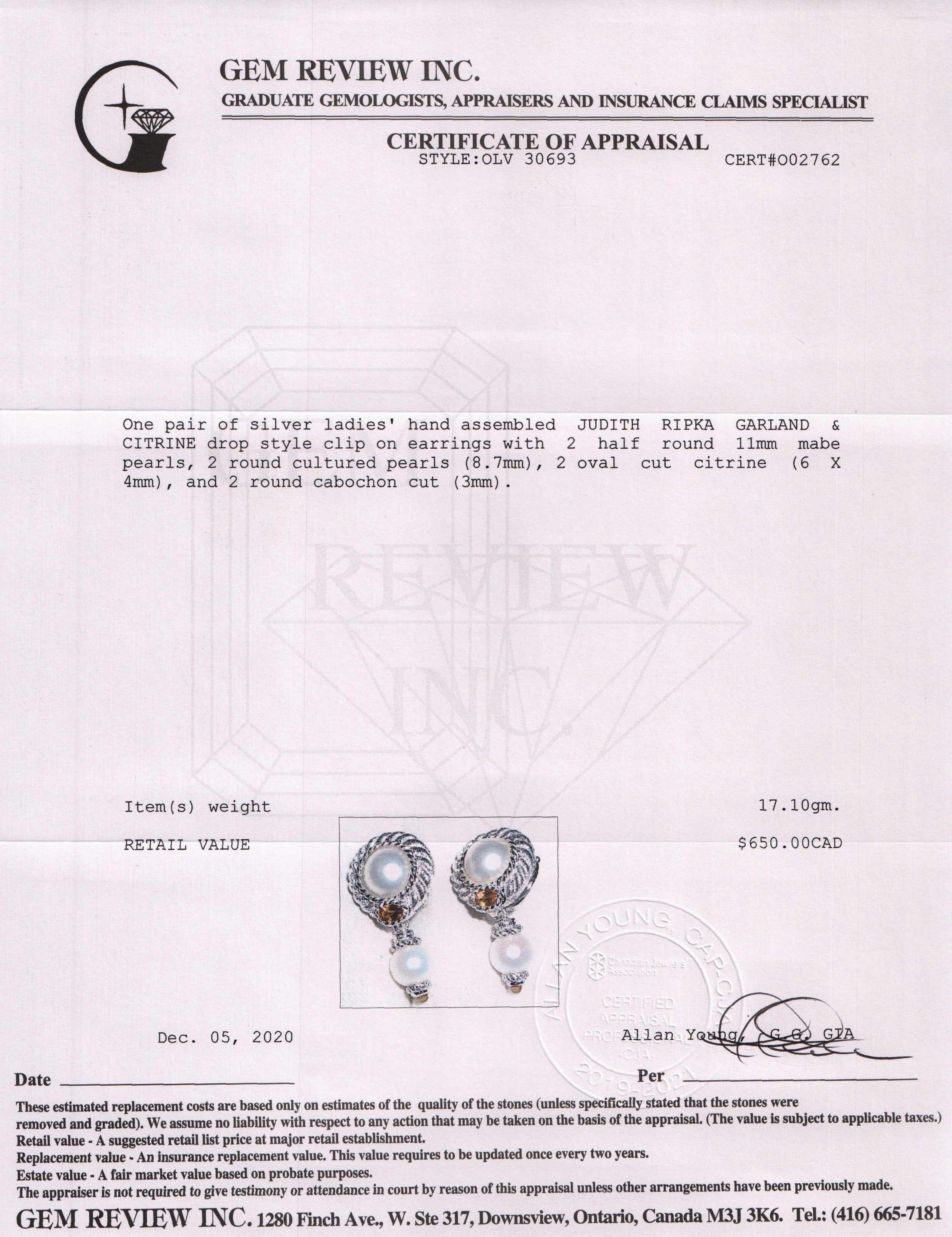 Judith Ripka Garland Pearl and Citrine Drop Earrings
