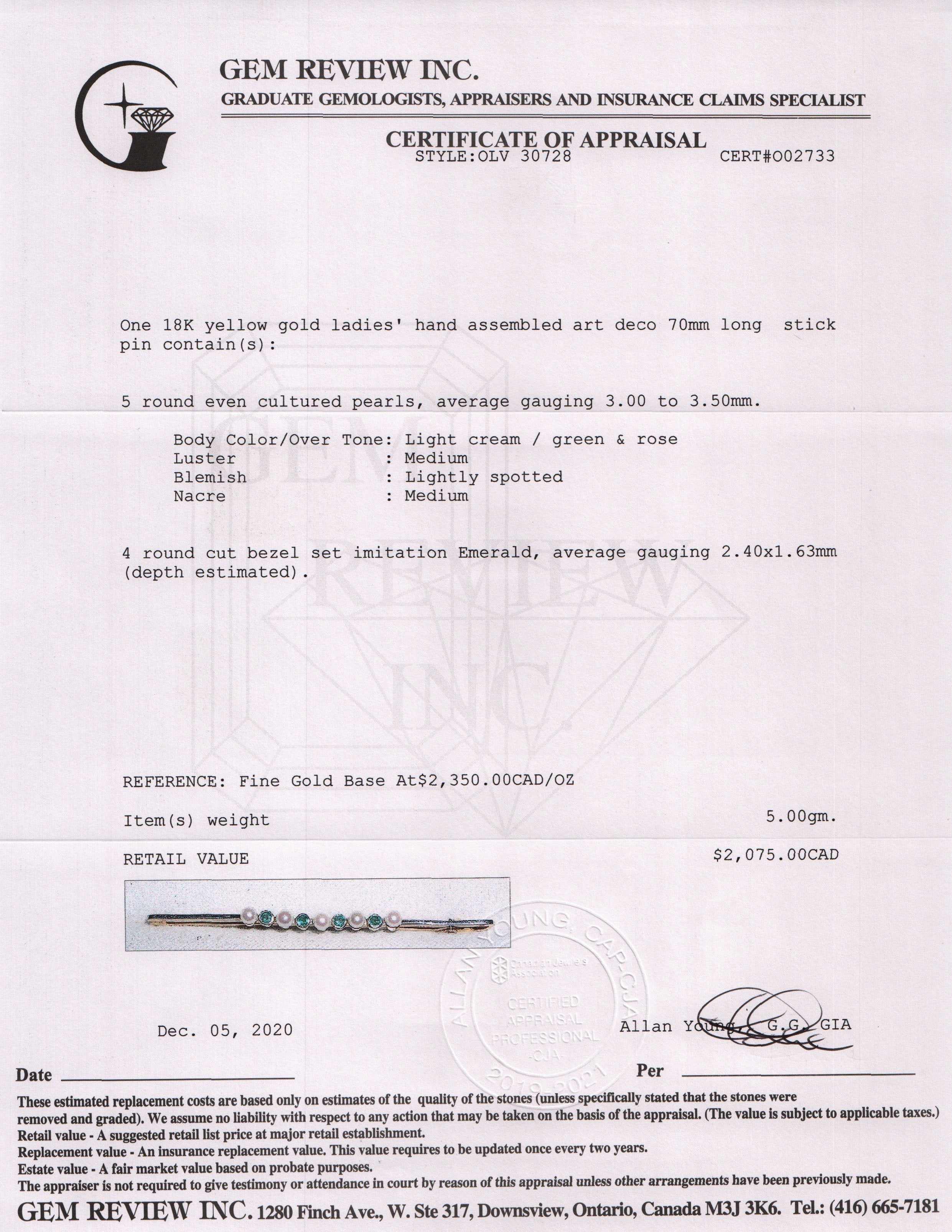 Antique Pearl and Emerald Art Deco Bar Brooch