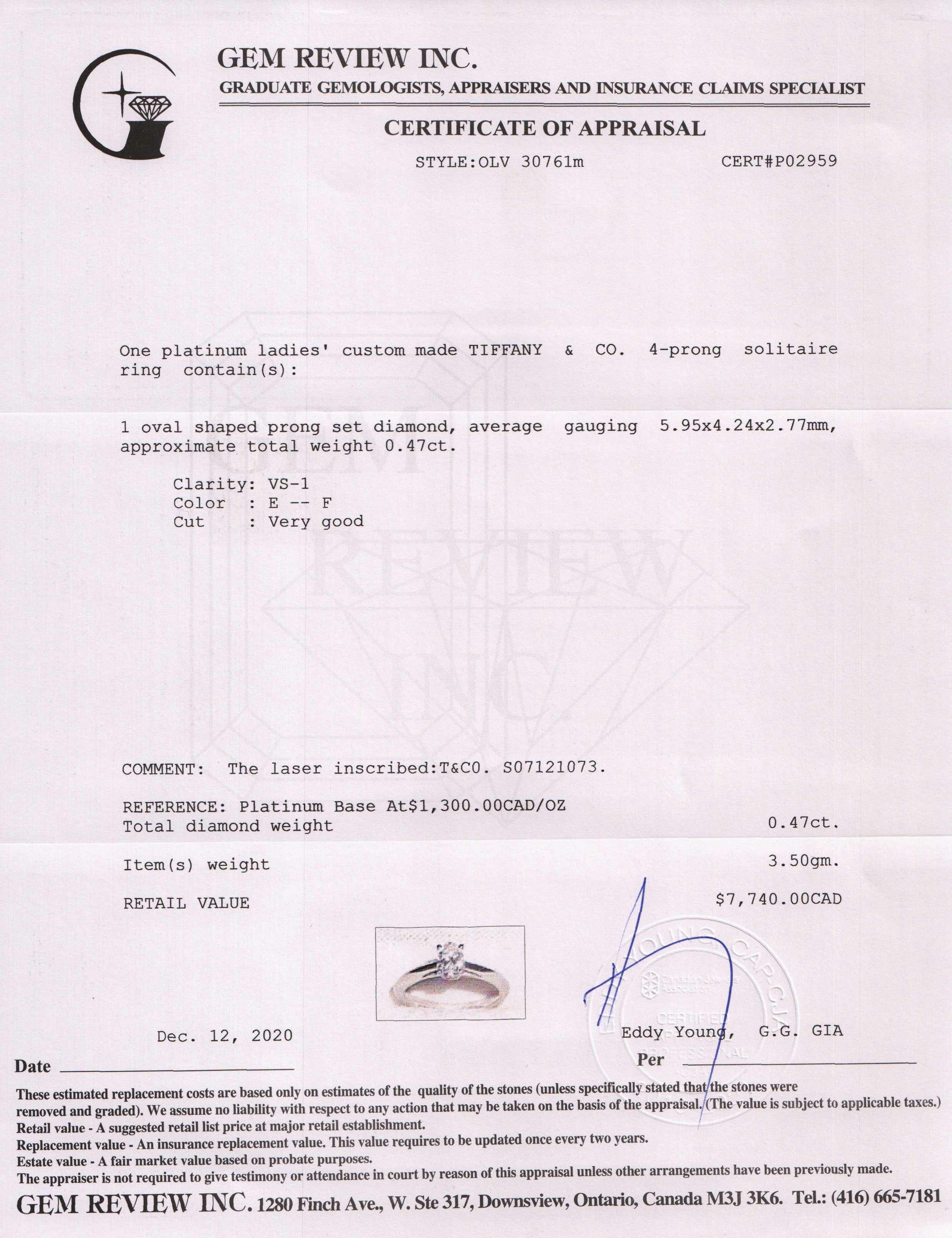 Tiffany & Co. Solitaire 0.47 ct. Oval Cut Diamond Engagement Ring