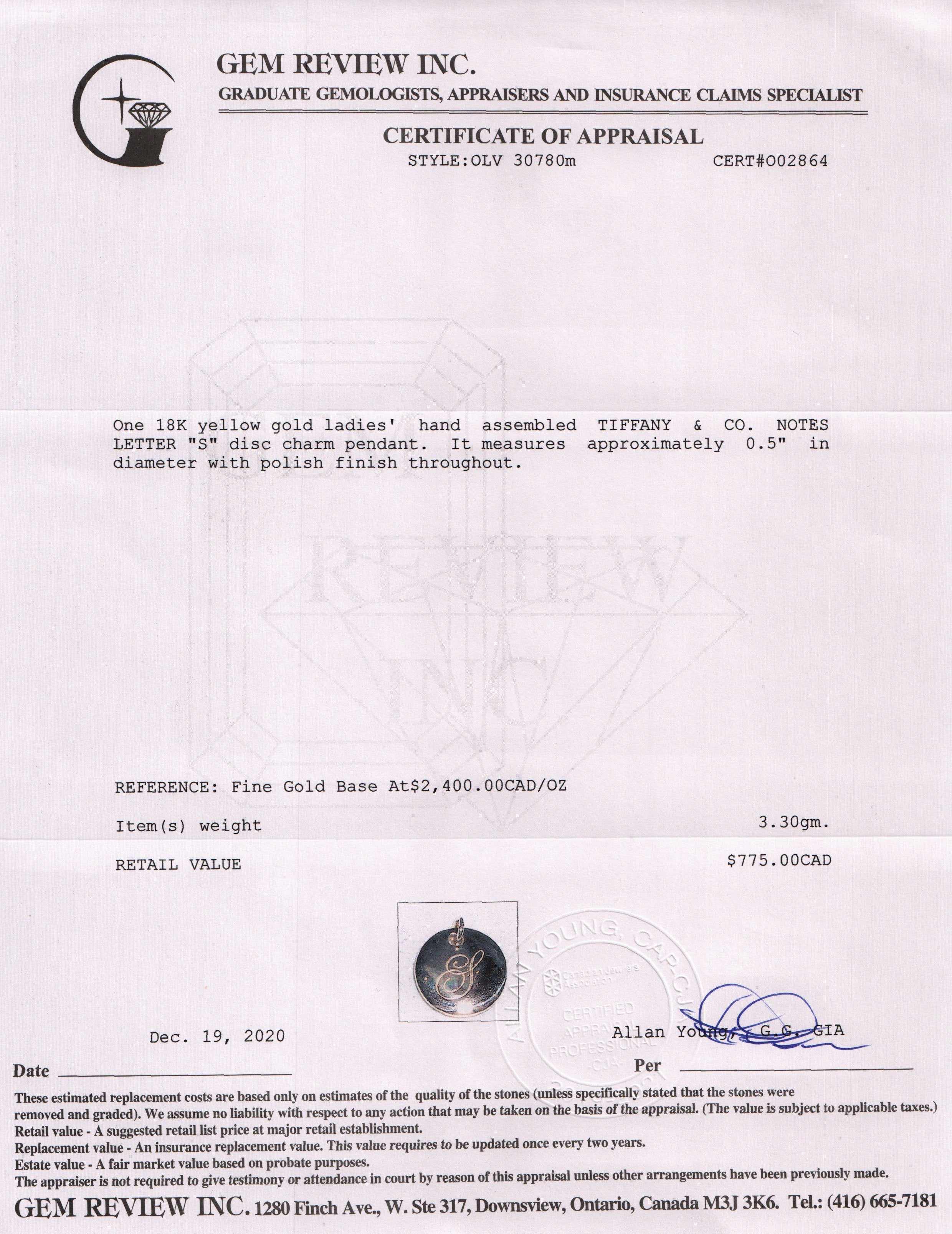 Tiffany & Co. 18k Gold Notes Letter 'S' Disc Charm Pendant