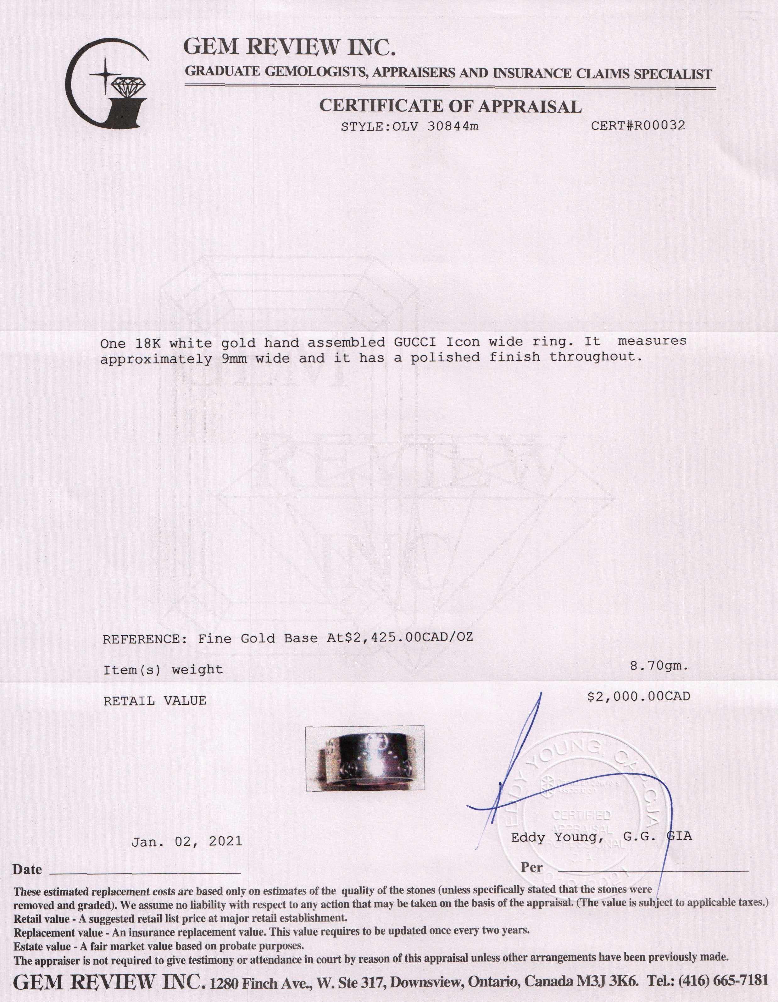Gucci 18k White Gold Icon Wide Band Ring
