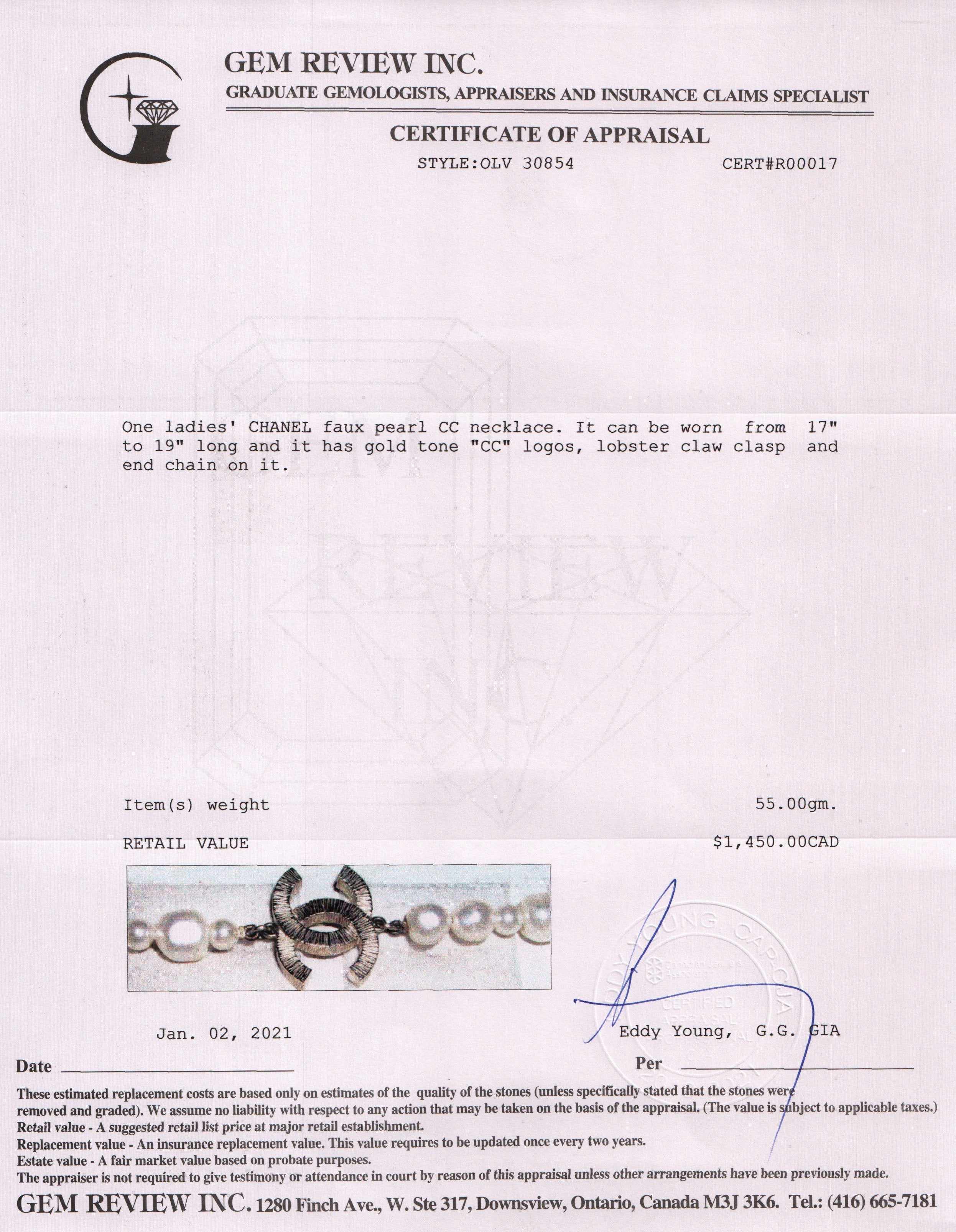 Chanel Faux Pearl CC Necklace w/ Box