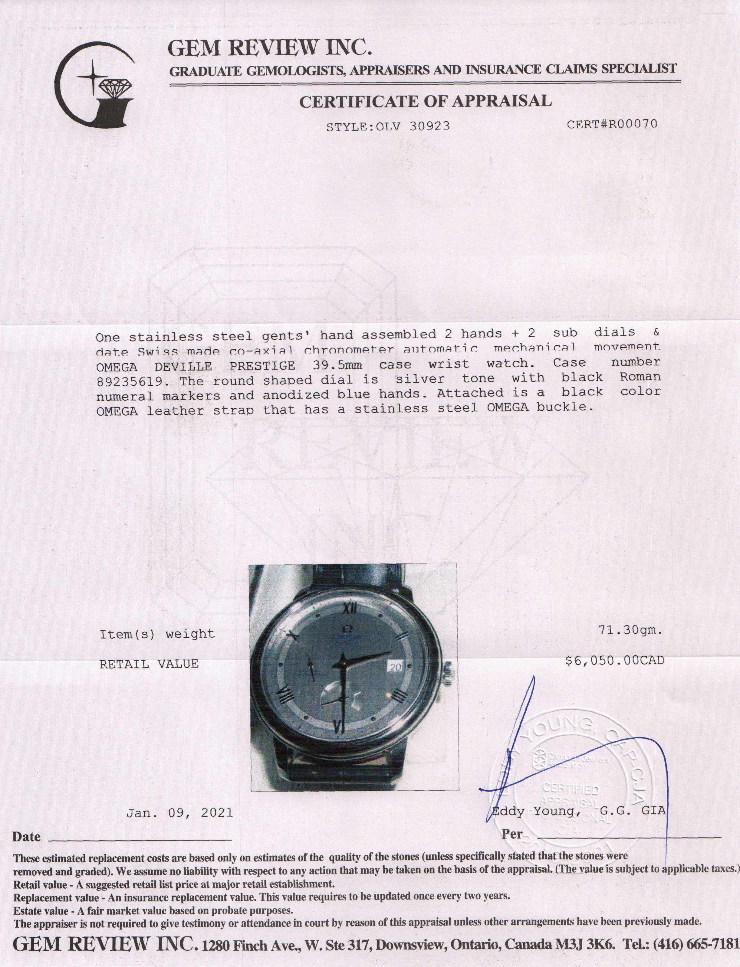 Omega De Ville Prestige Co-Axial Chronometer Power Reserve Watch w/ Box