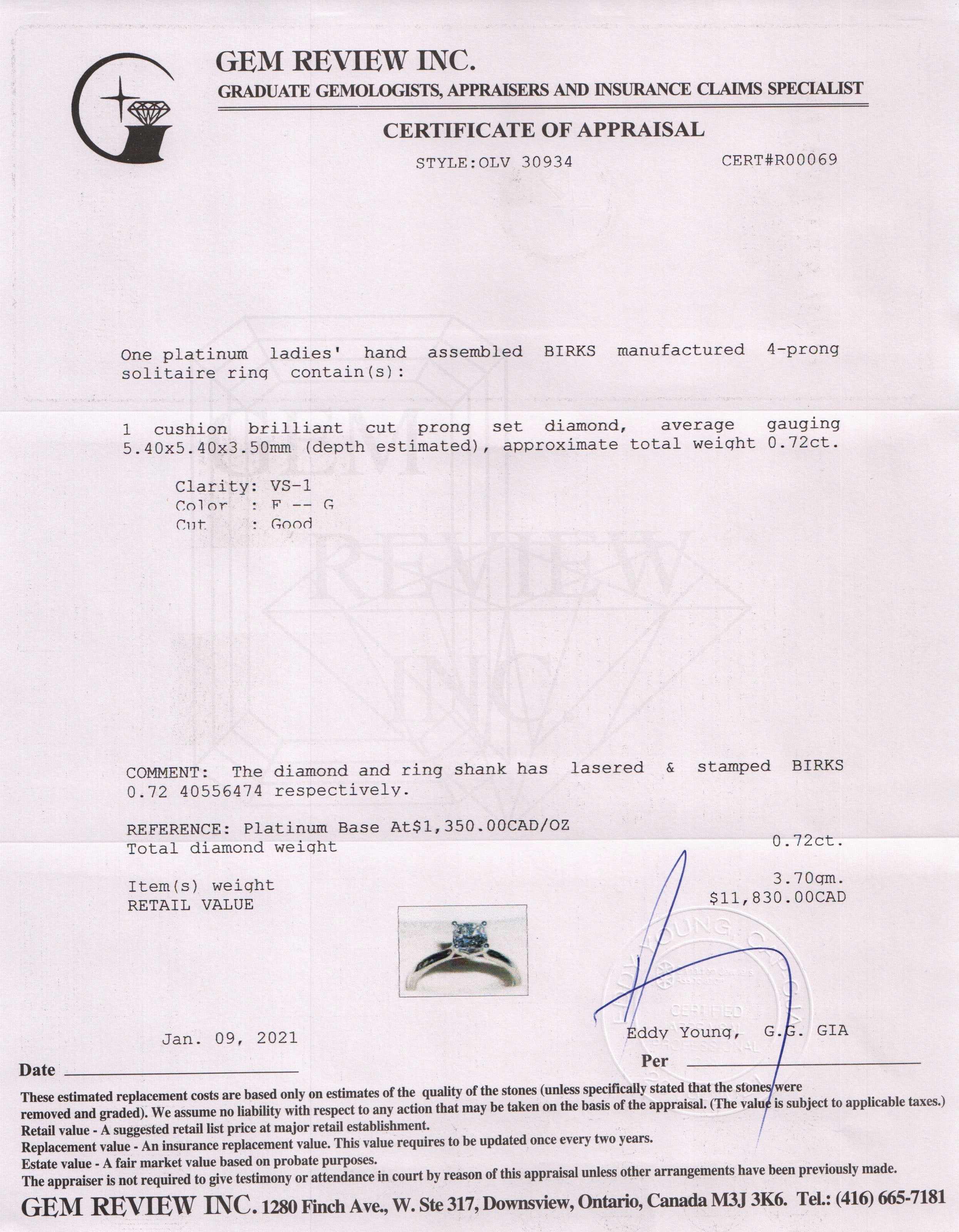 Birks Solitaire 0.72 ct. Cushion Cut Diamond Engagement Ring