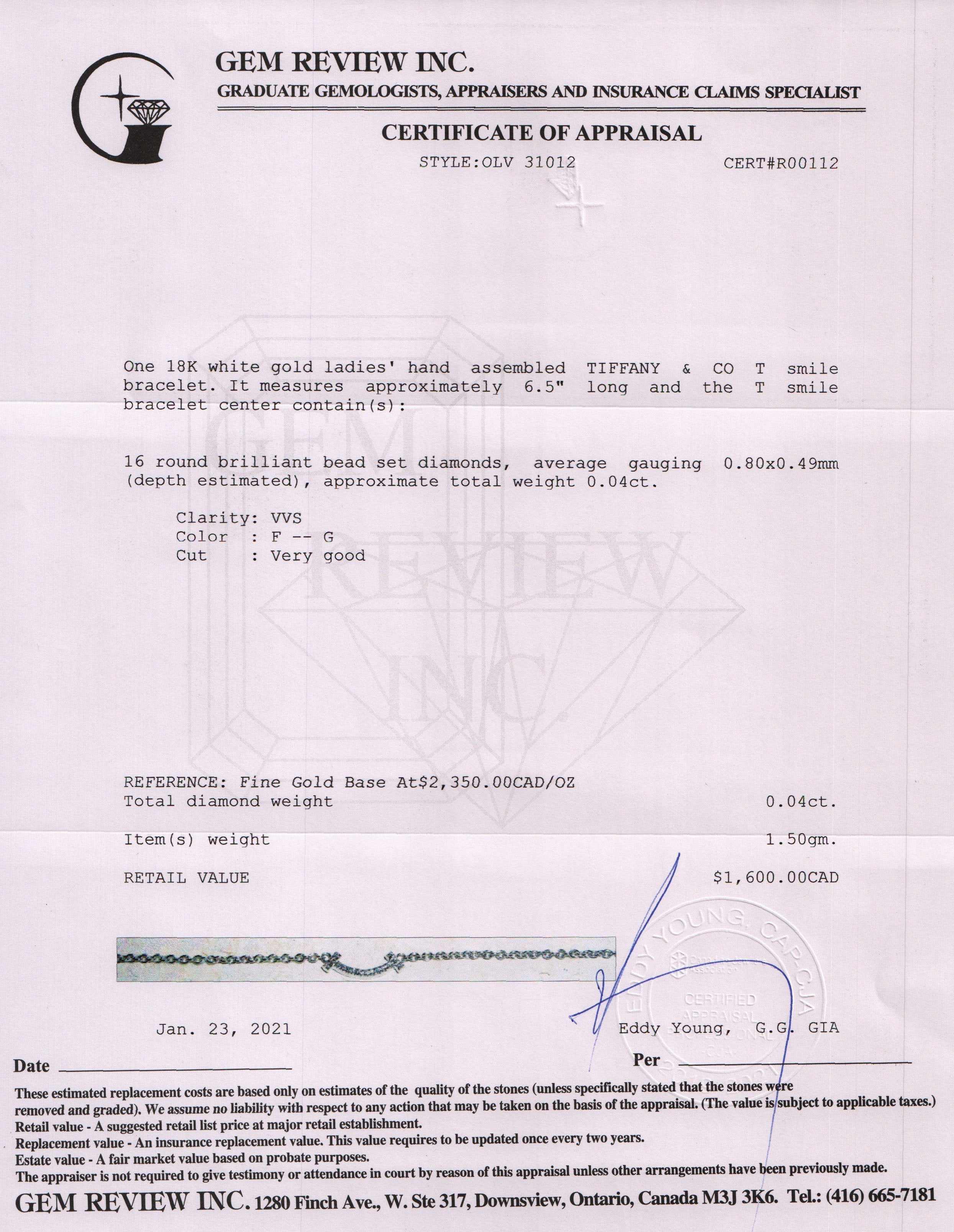 Tiffany & Co. 18k White Gold Diamond T Smile Bracelet