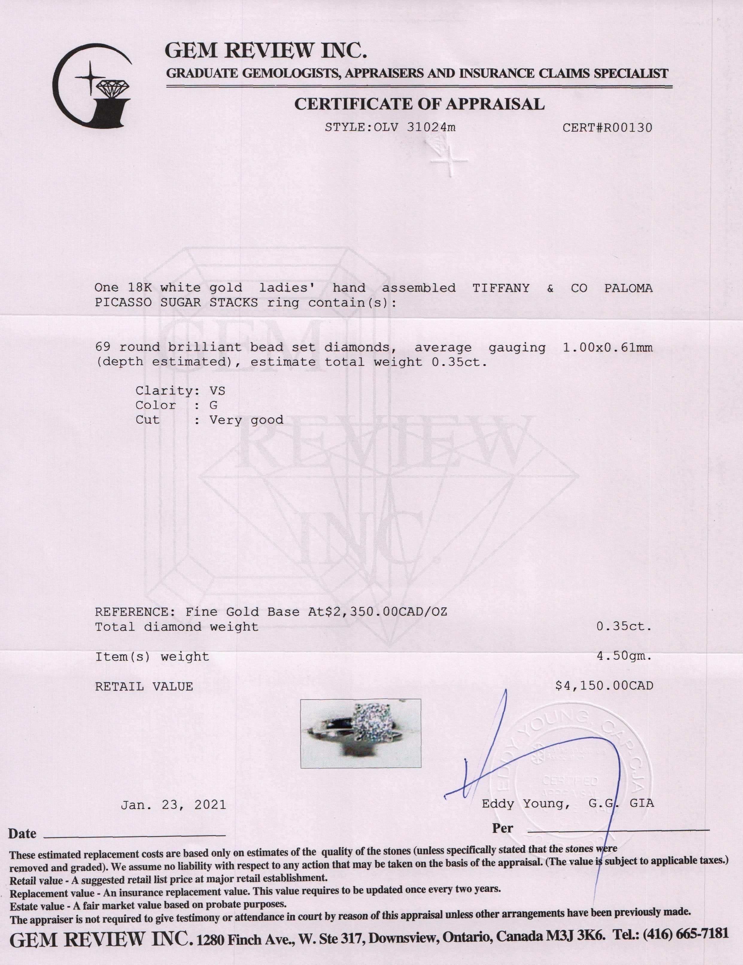 Tiffany & Co. Paloma Picasso 18k White Gold Diamond Sugar Stacks Ring