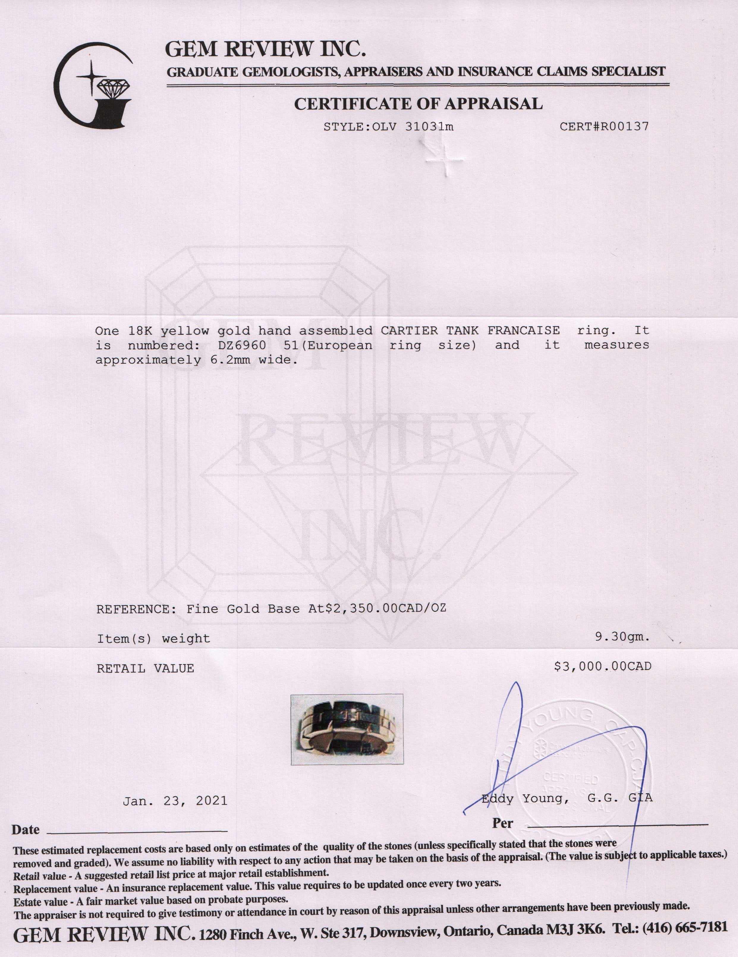 Cartier 18k Gold Tank Francaise Ring