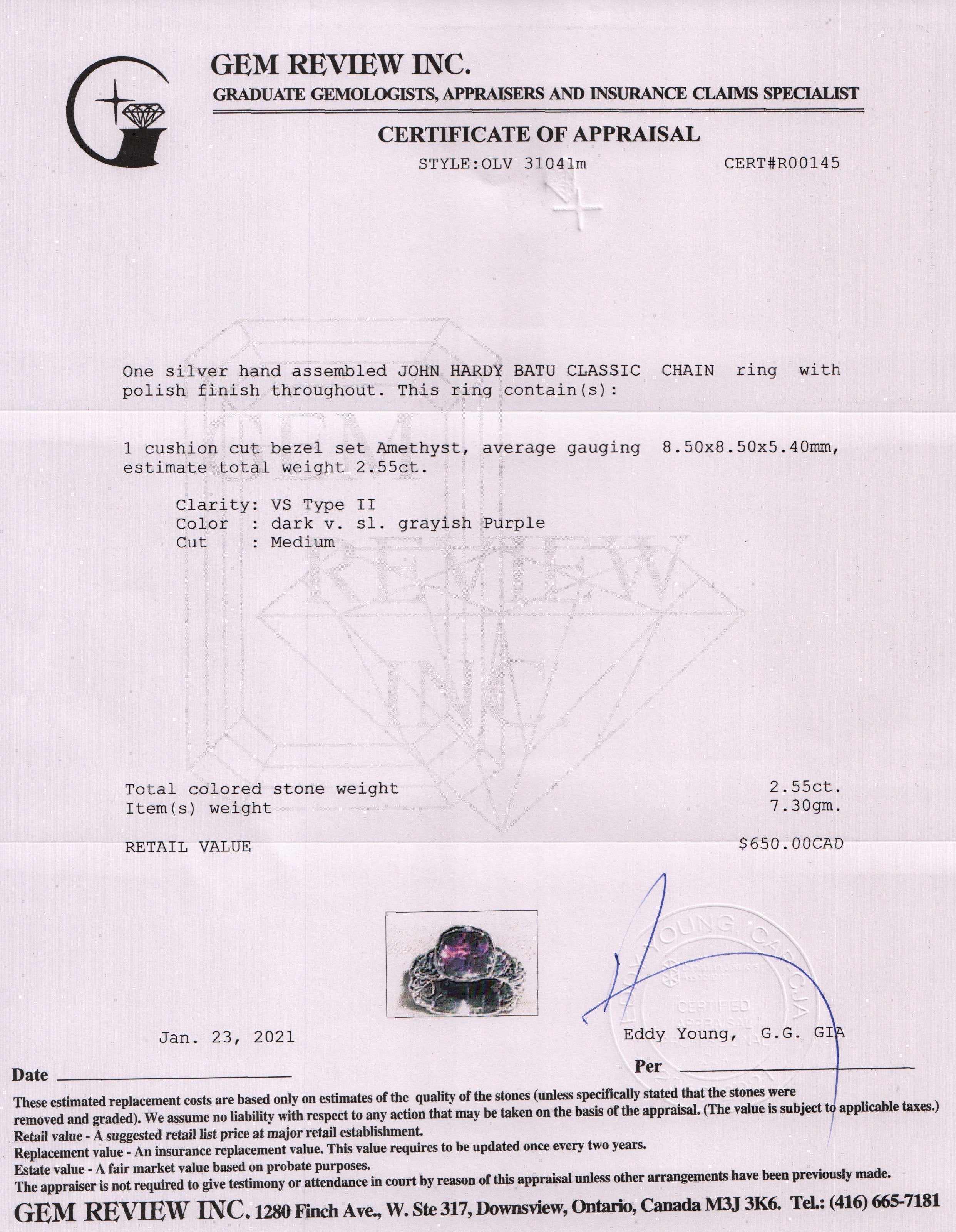 John Hardy Batu Classic Chain Amethyst Braided Ring