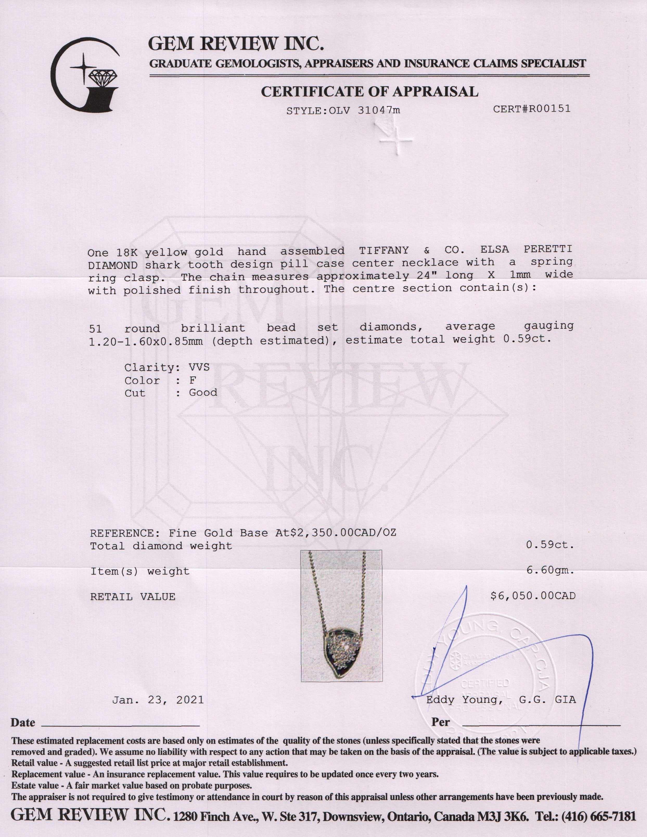 Tiffany & Co. Elsa Peretti Vintage Diamond Shark Tooth Pendant Necklace