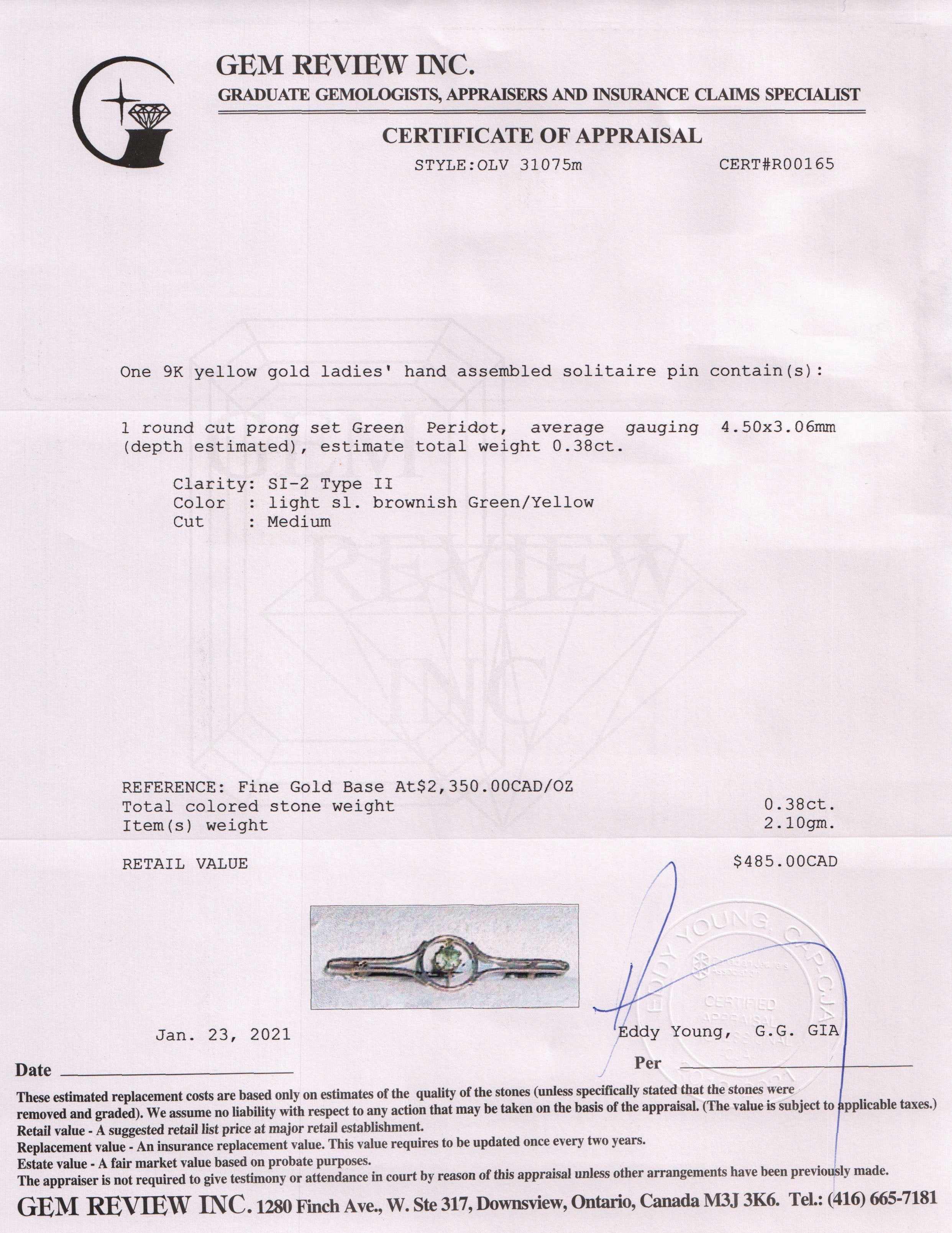 Antique Peridot Solitaire Pin Brooch