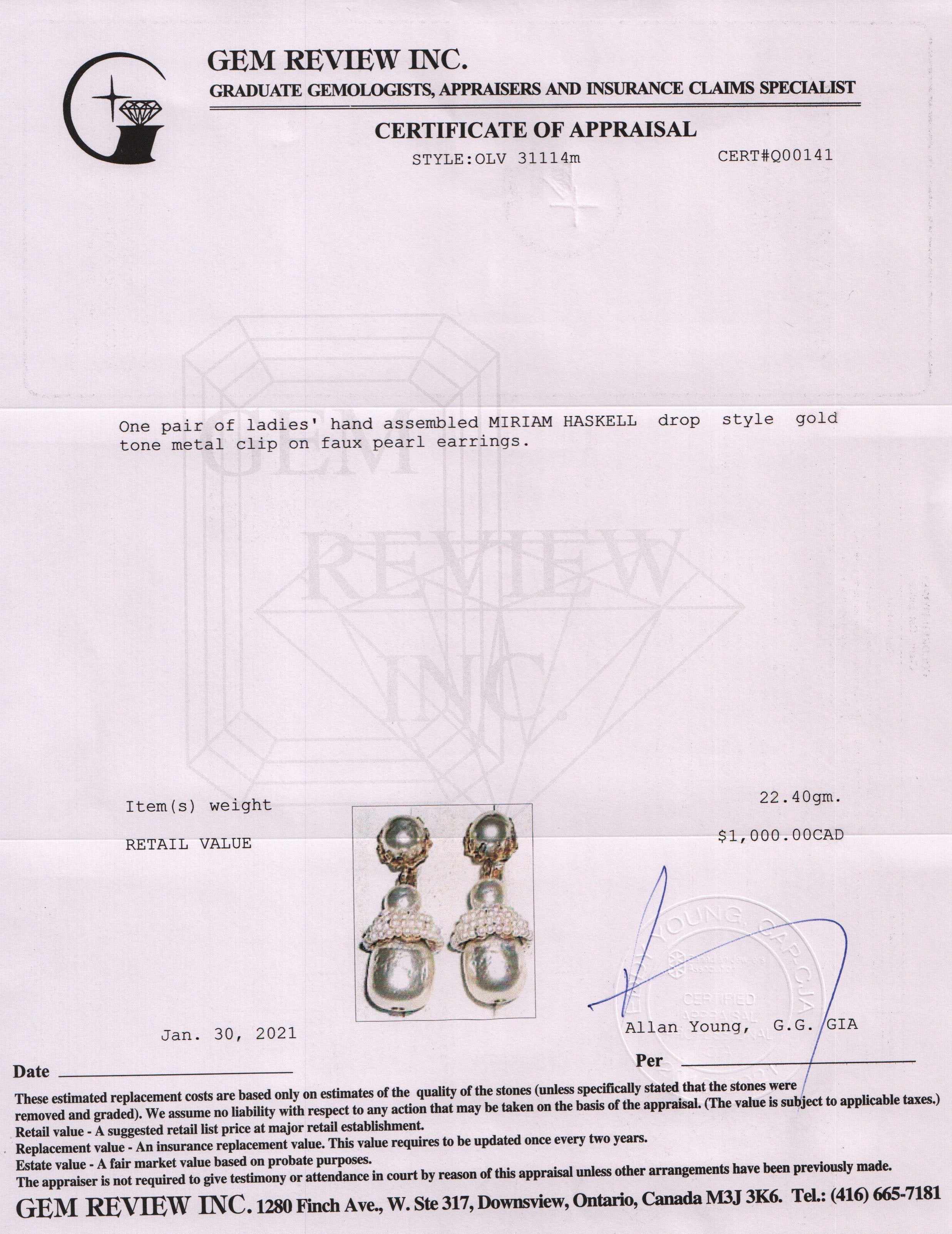 Miriam Haskell Vintage Antique Faux Pearl Drop Clip-On Earrings