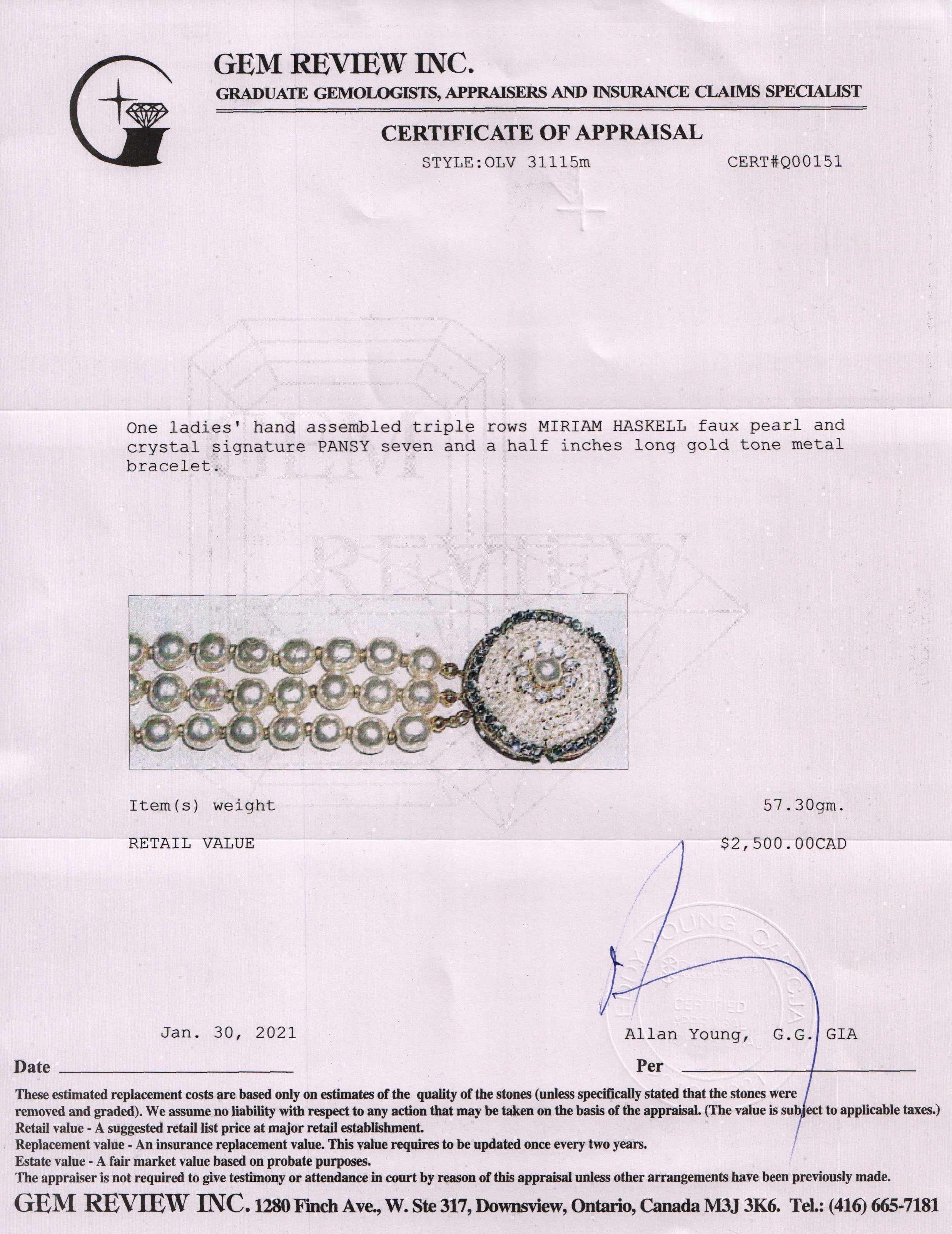 Miriam Haskell Vintage Antique Faux Pearl & Crystal Multistrand Bracelet