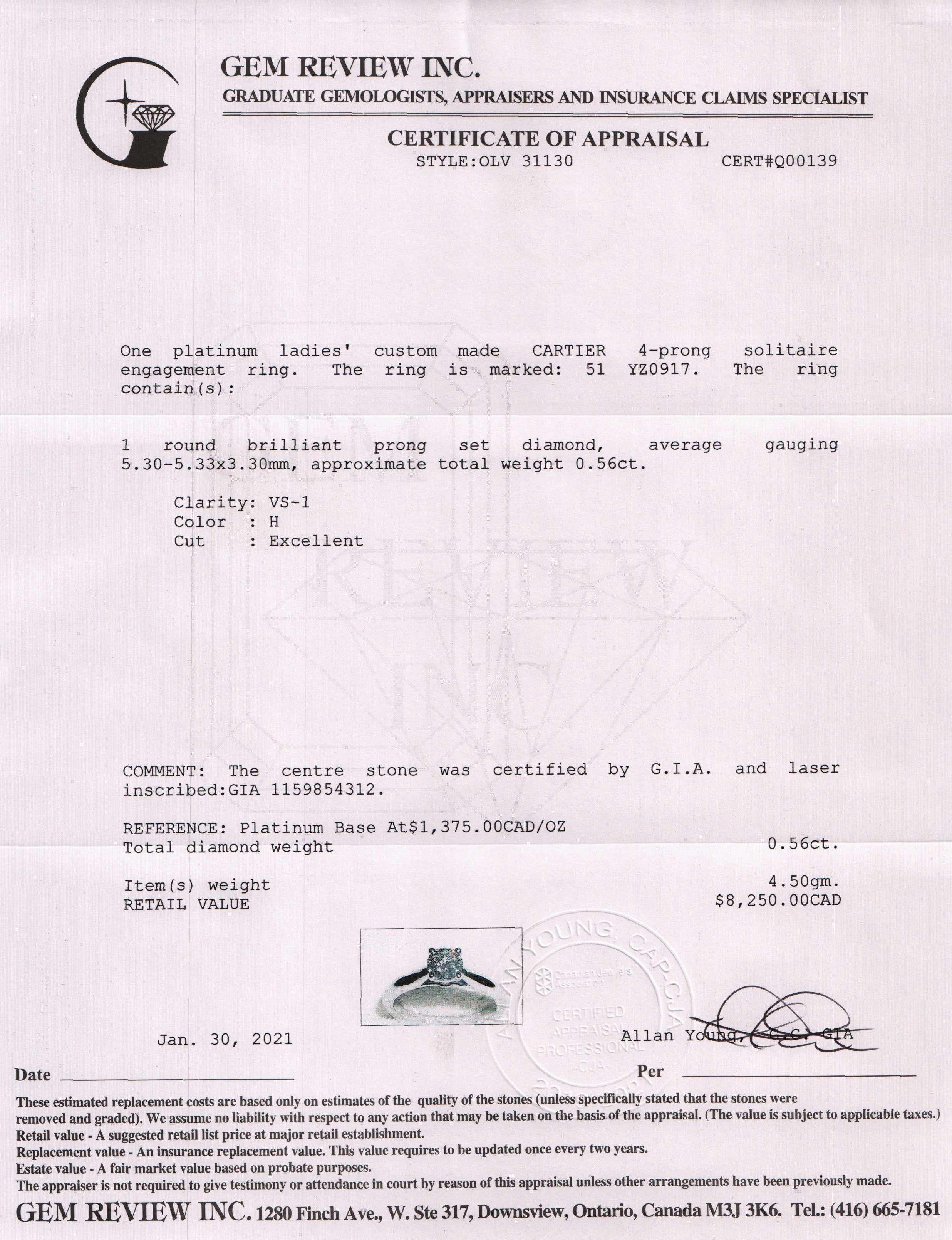 Cartier 1895 Platinum Diamond Solitaire Engagement Ring w/ Box & Certificate