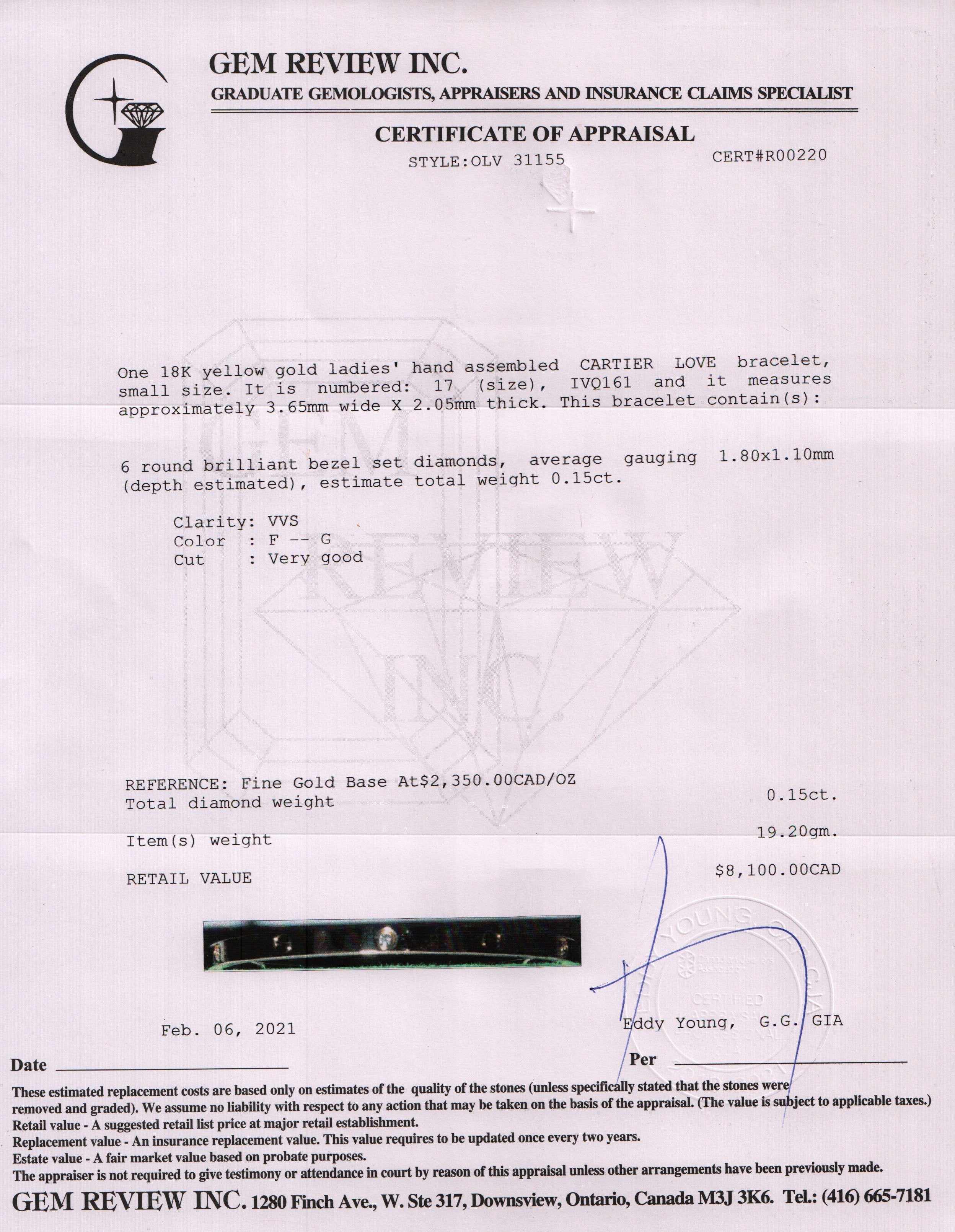 Cartier 18k Gold 6 Diamond Love Bracelet, Small Model w/ Box