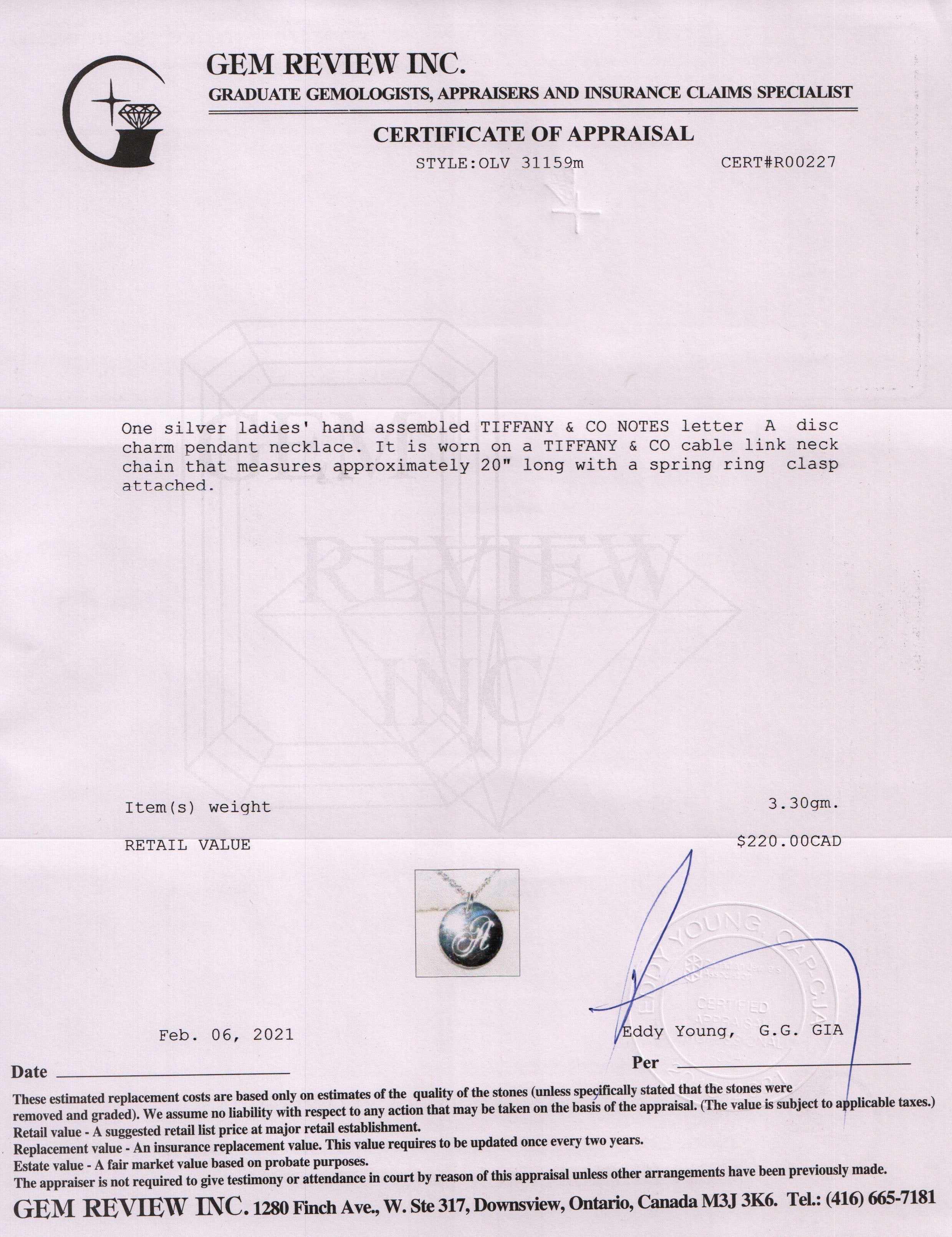 Tiffany & Co. Notes Letter 'A' Disc Charm Pendant Necklace