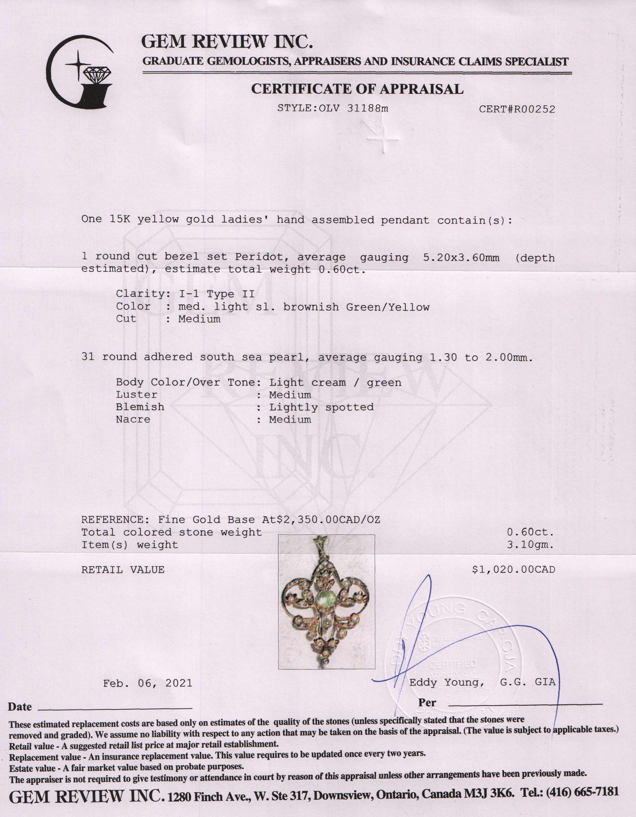 Antique Peridot & Pearl Pendant