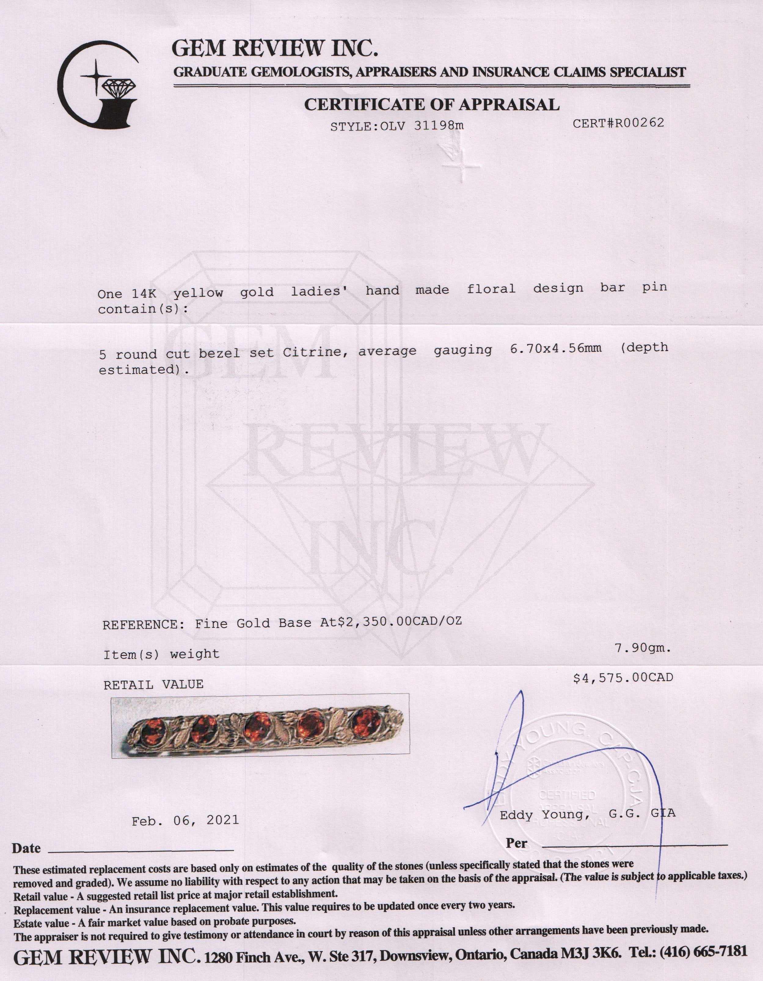 Antique Citrine Bar Brooch