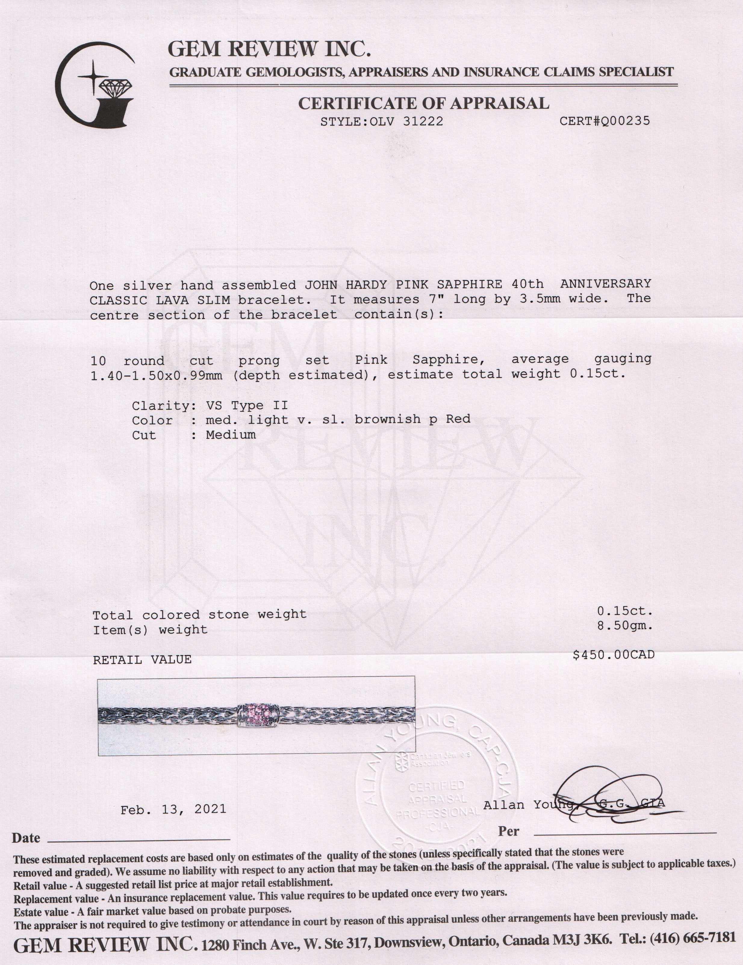 John Hardy Pink Sapphire 40th Anniversary Classic Chain Lava Slim Bracelet