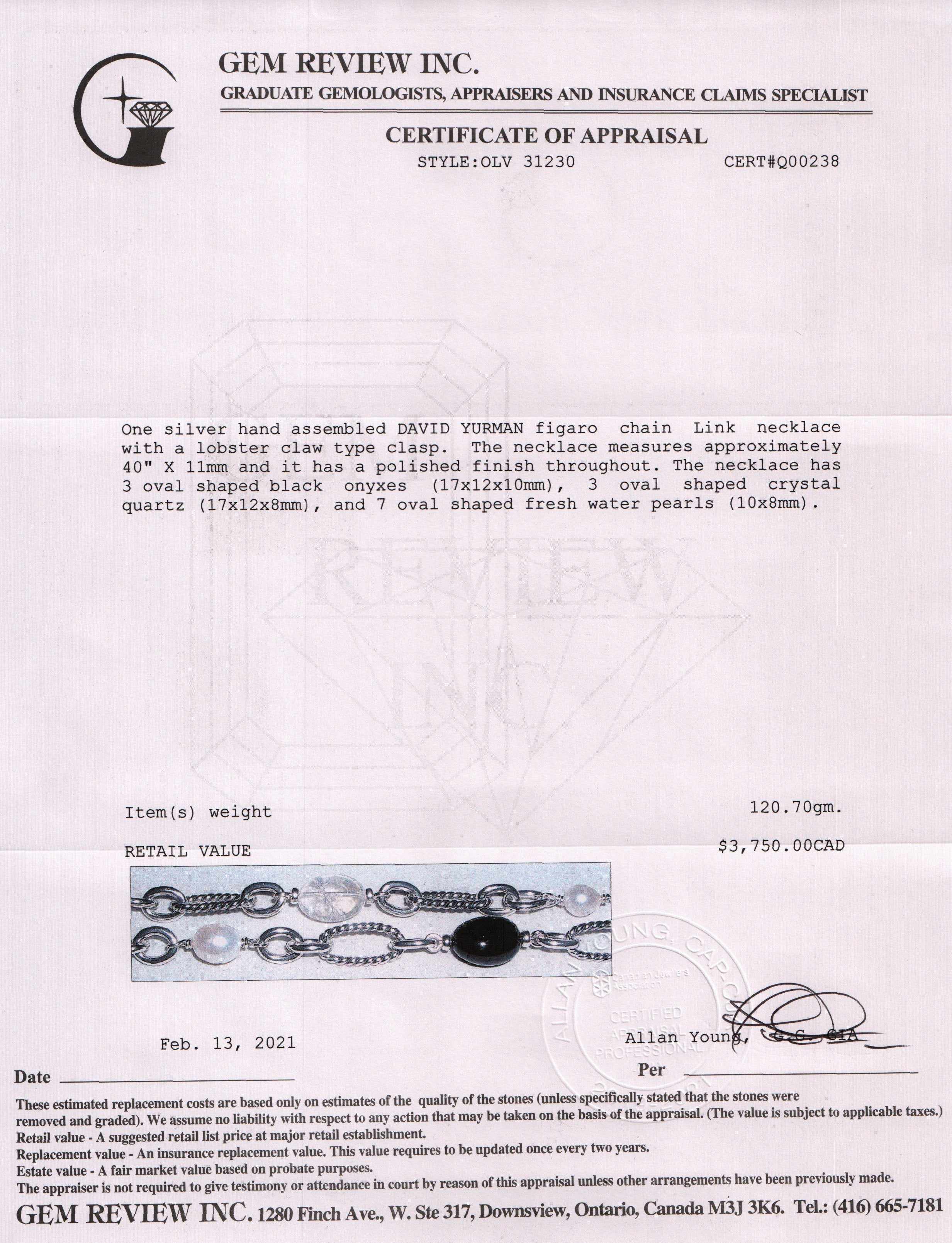 David Yurman Pearl, Onyx, Quartz Figaro Link Necklace