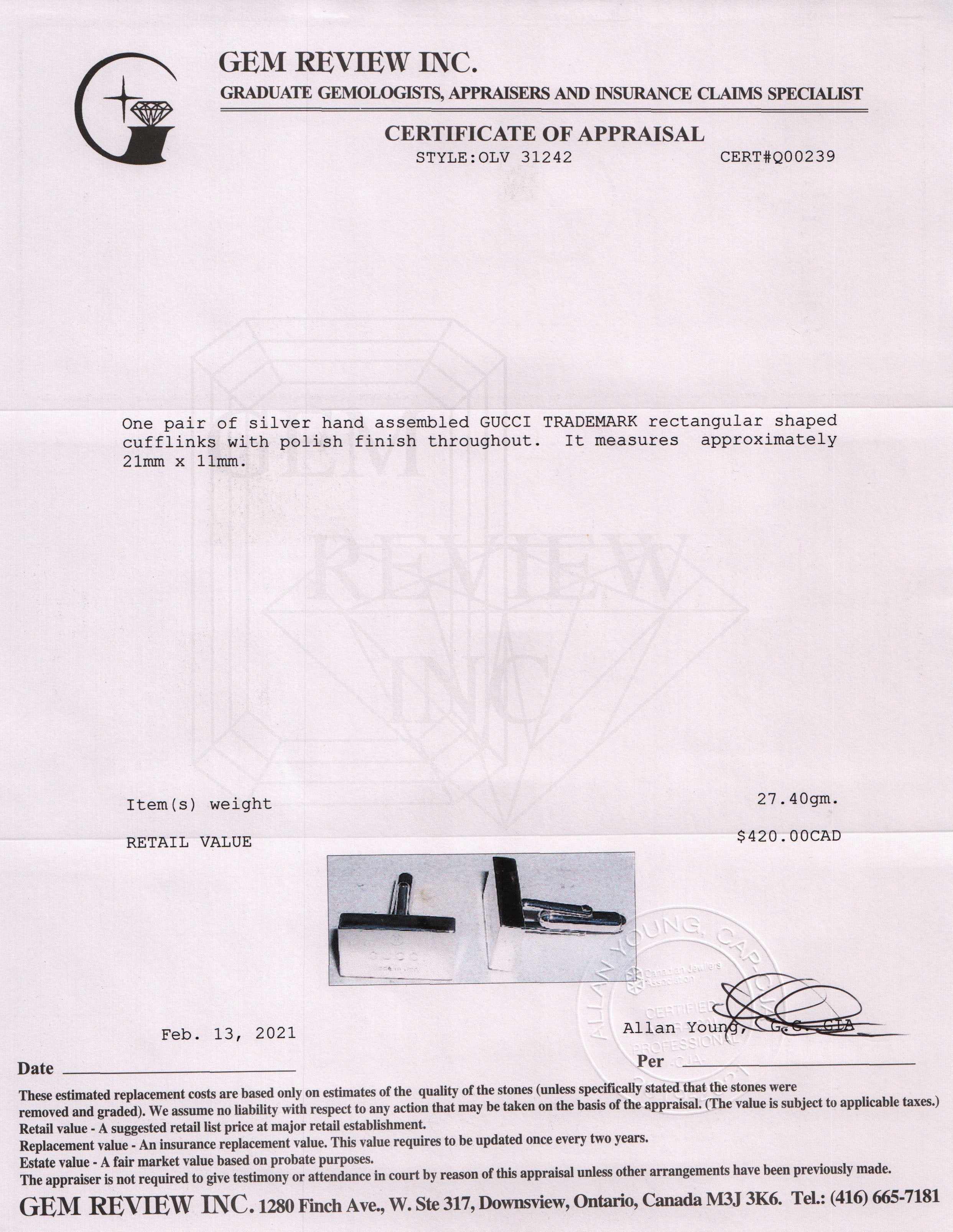 Gucci Sterling Silver Trademark Cufflinks