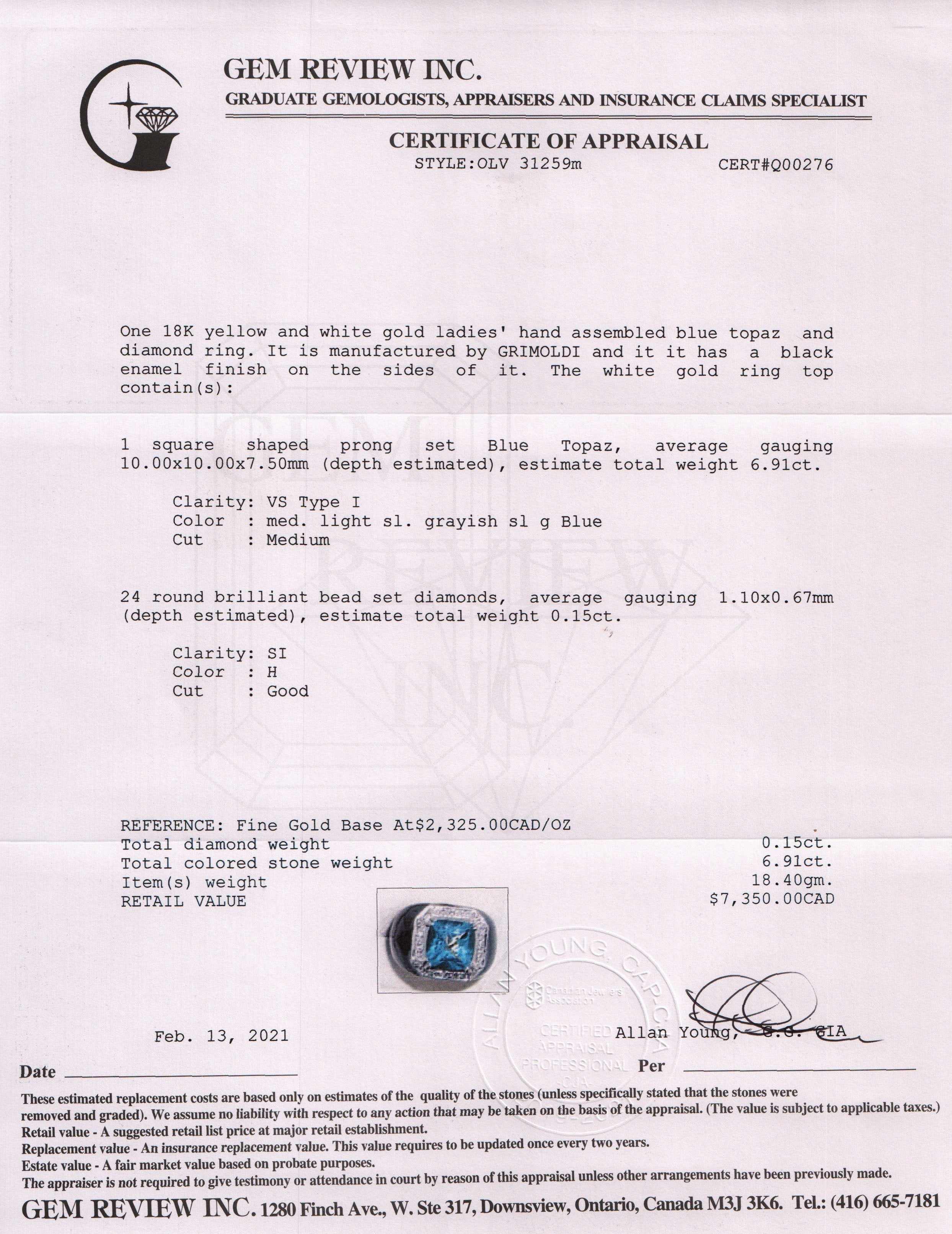 Grimoldi Blue Topaz and Diamond Cocktail Ring