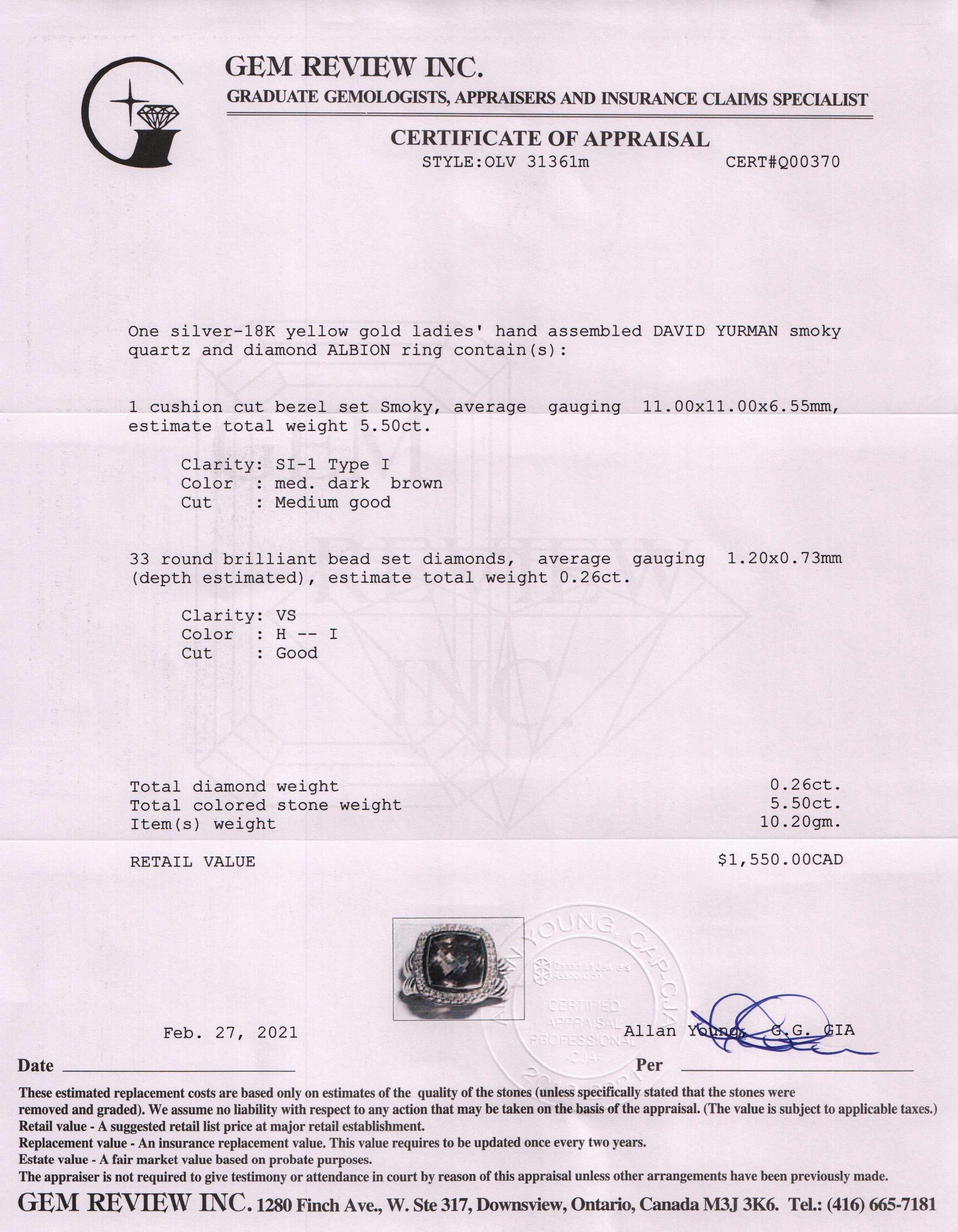 David Yurman Smoky Quartz & Diamond Albion Ring