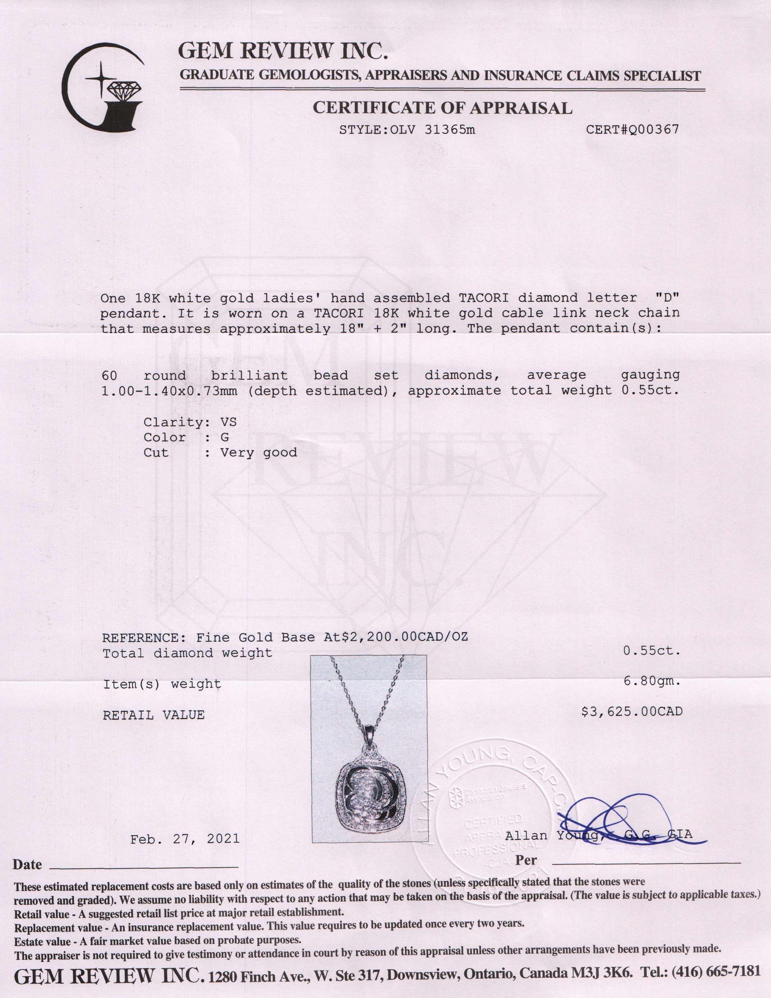 Tacori 18k White Gold Diamond Letter 'D' Pendant Necklace