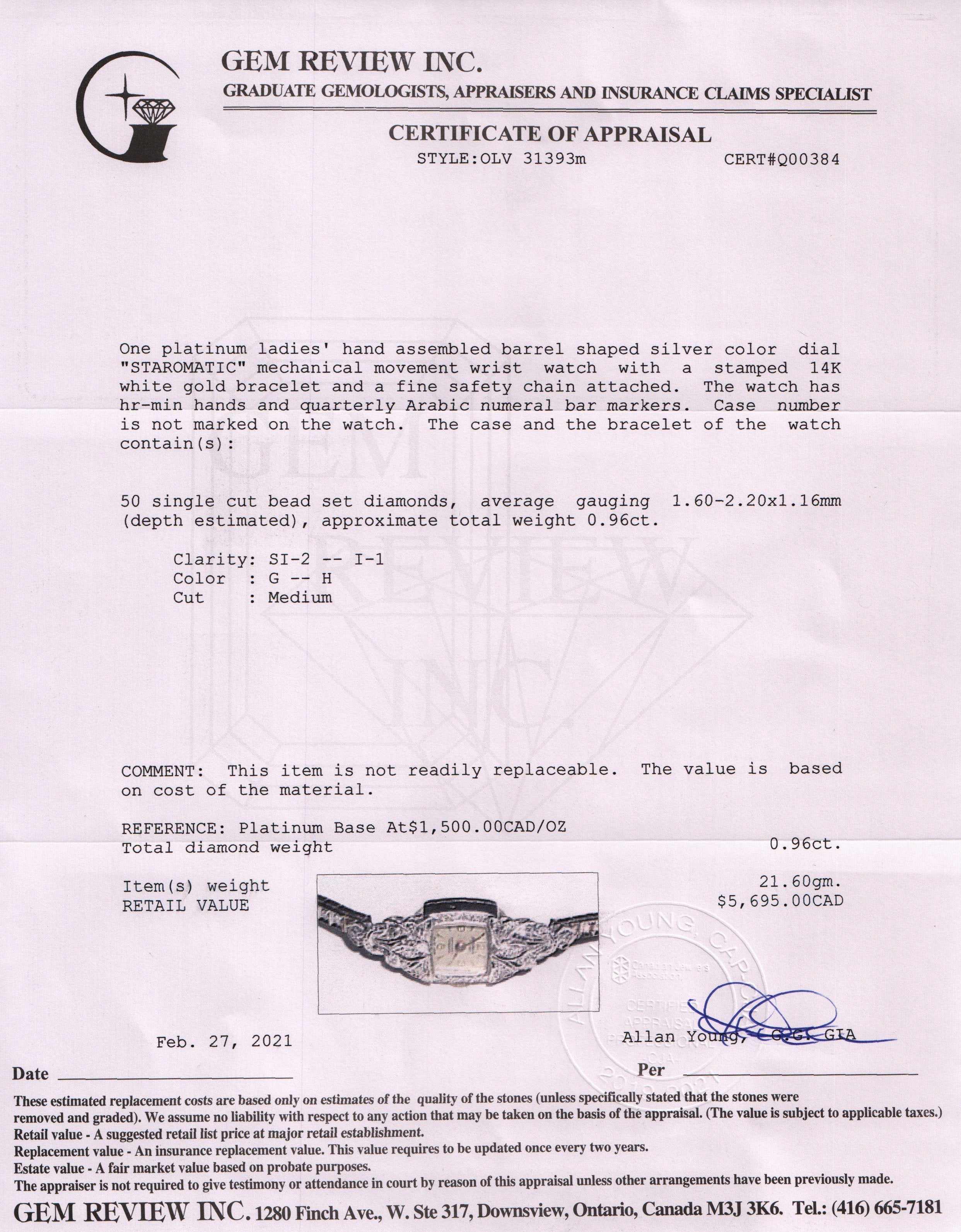 Antique Staromatic Platinum & Diamond Watch