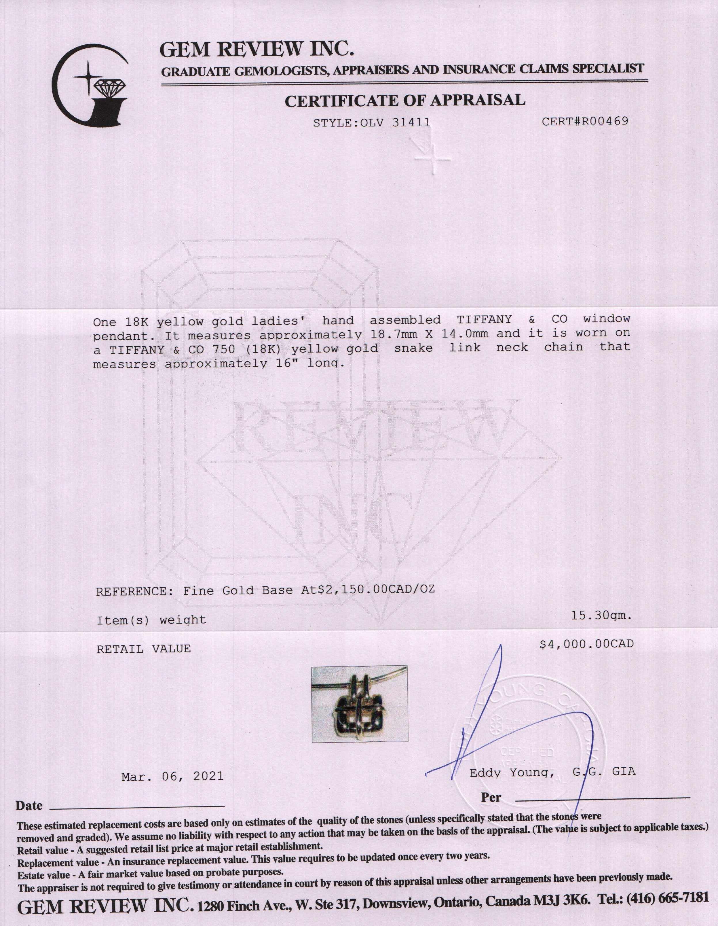 Tiffany & Co. 18k Gold Window Pendant Necklace