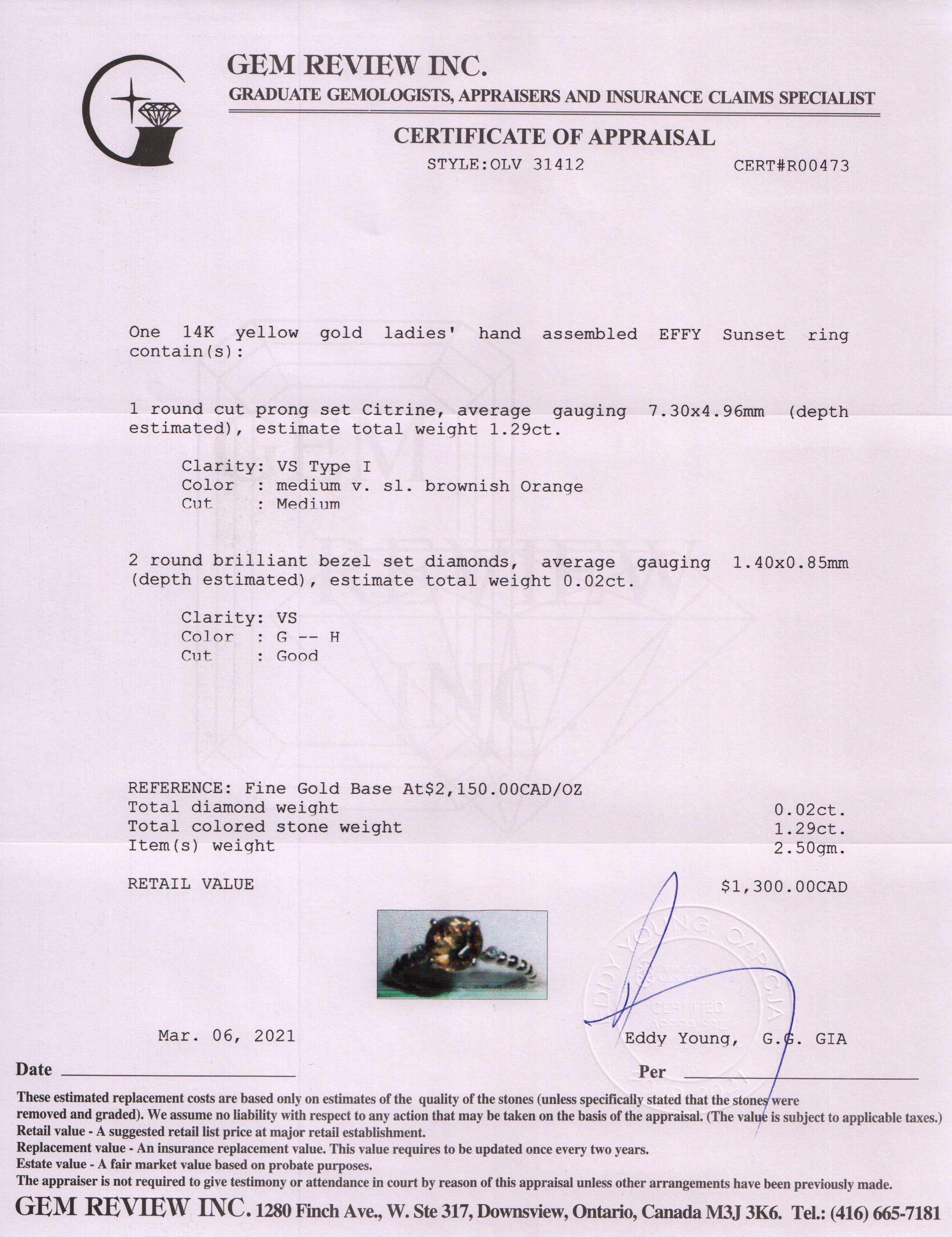 EFFY Sunset 14k Gold Citrine & Diamond Ring