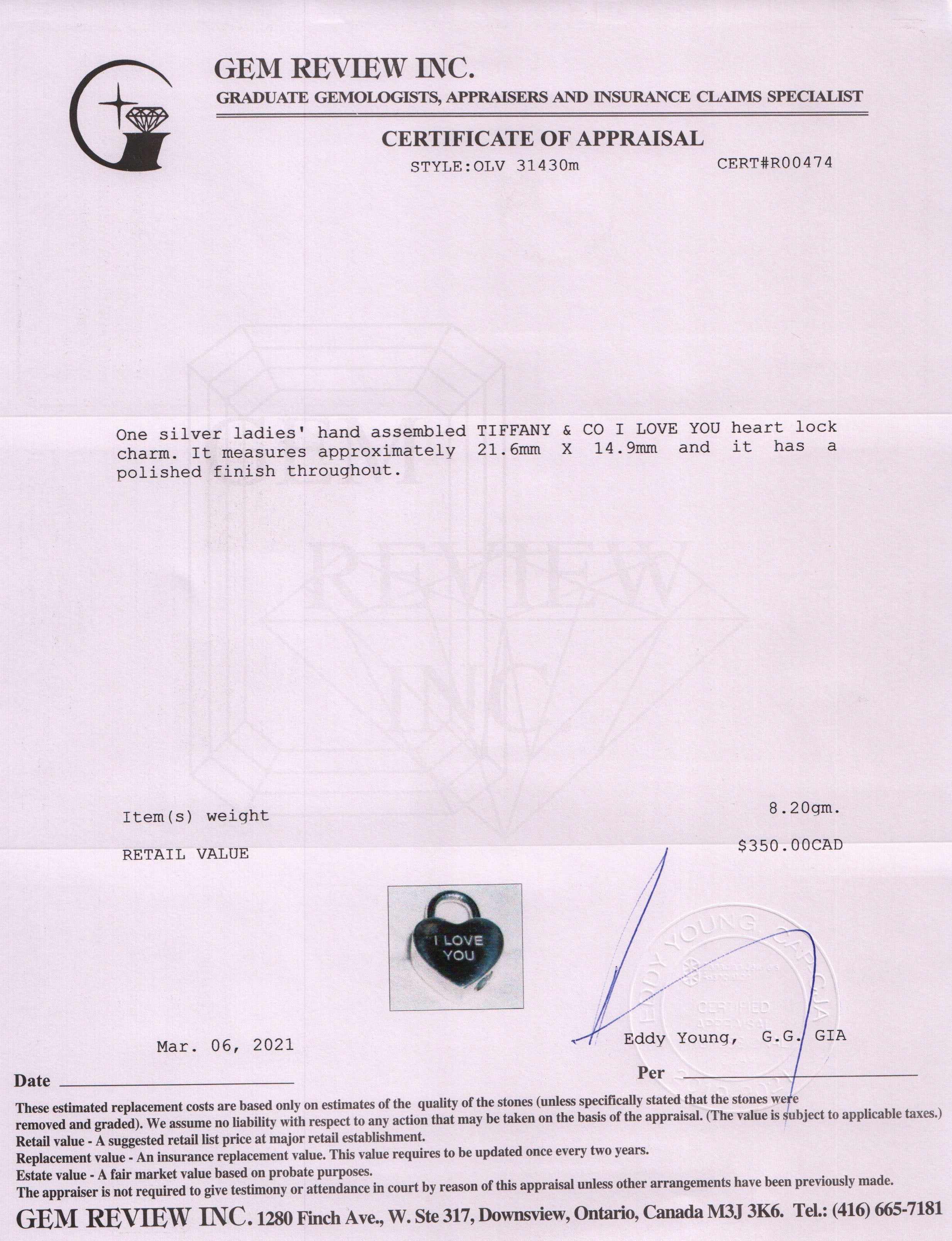 Tiffany & Co. 'I Love You' Heart Lock Charm