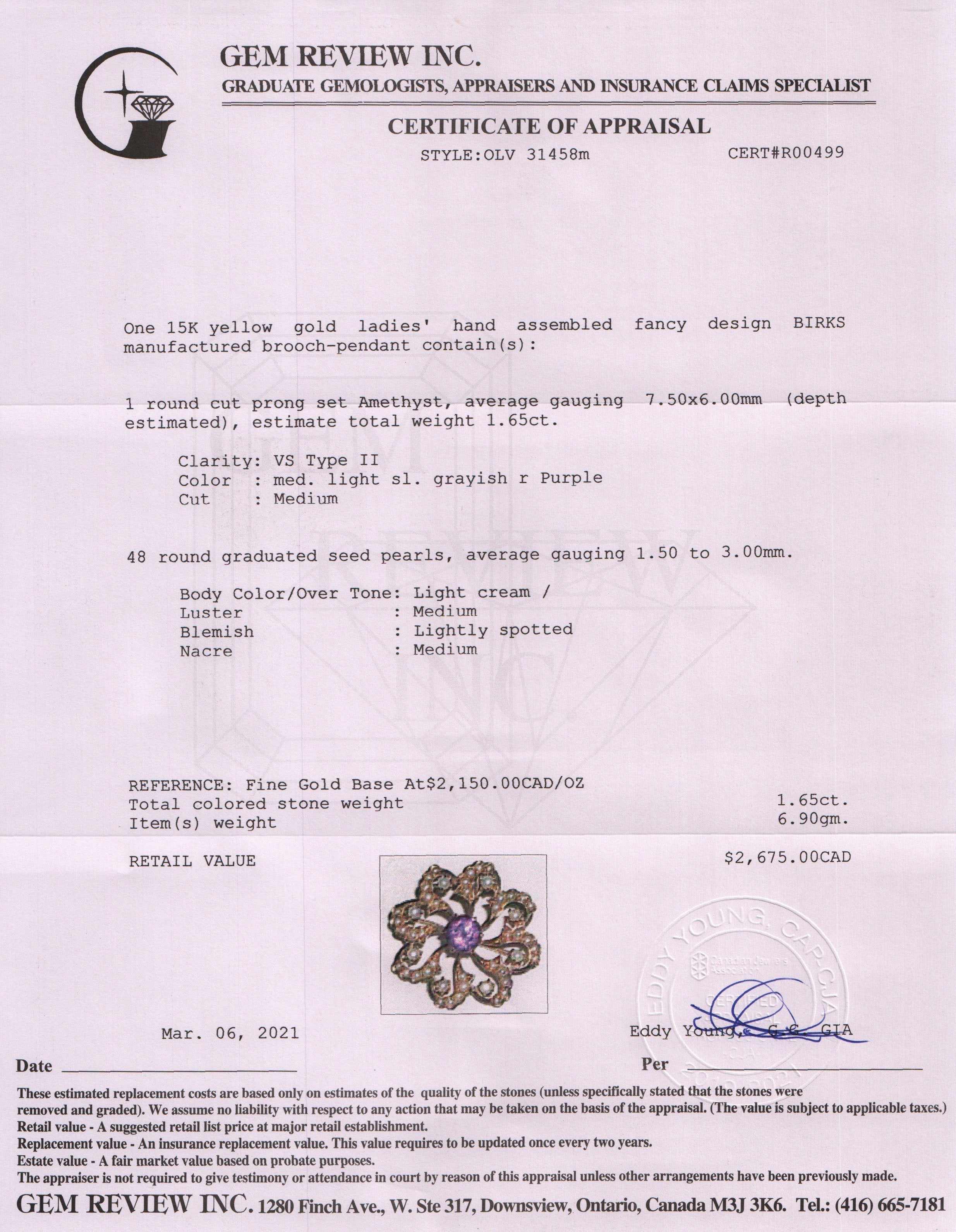 Birks Amethyst & Seed Pearl Brooch/Pendantt