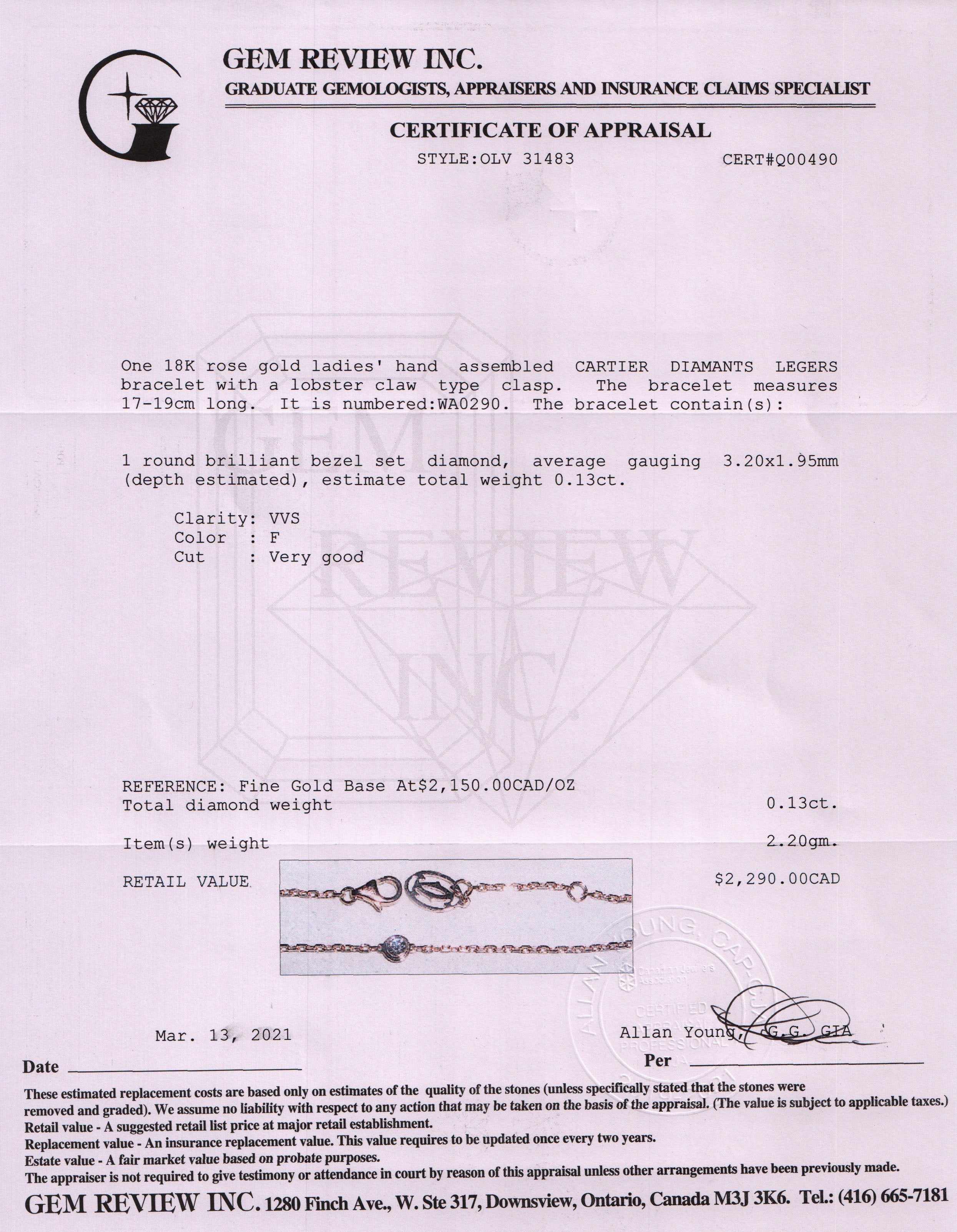 Cartier 18k Rose Gold Diamants Legers Bracelet w/ Box & Certificate