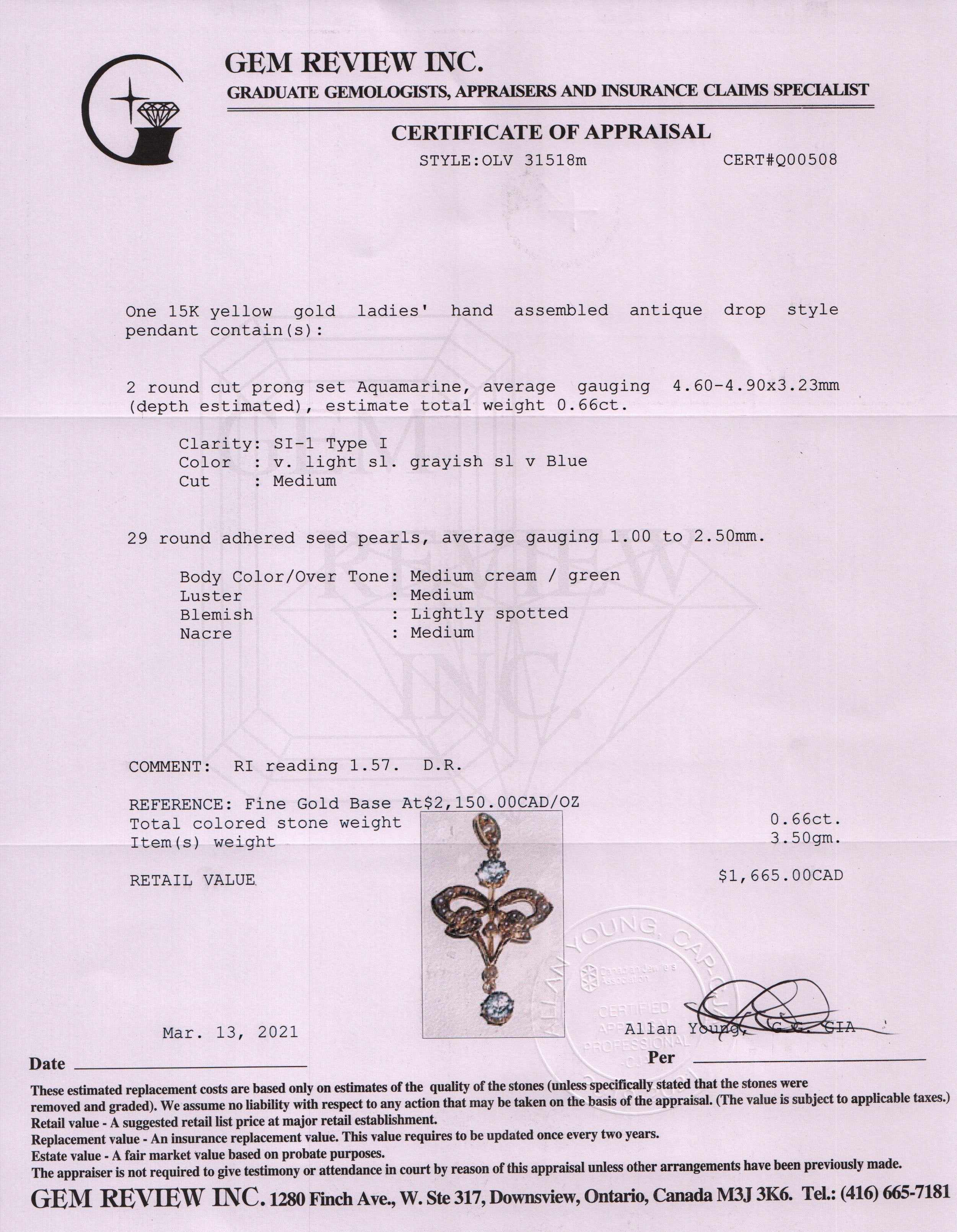 Antique Aquamarine & Seed Pearl Pendant