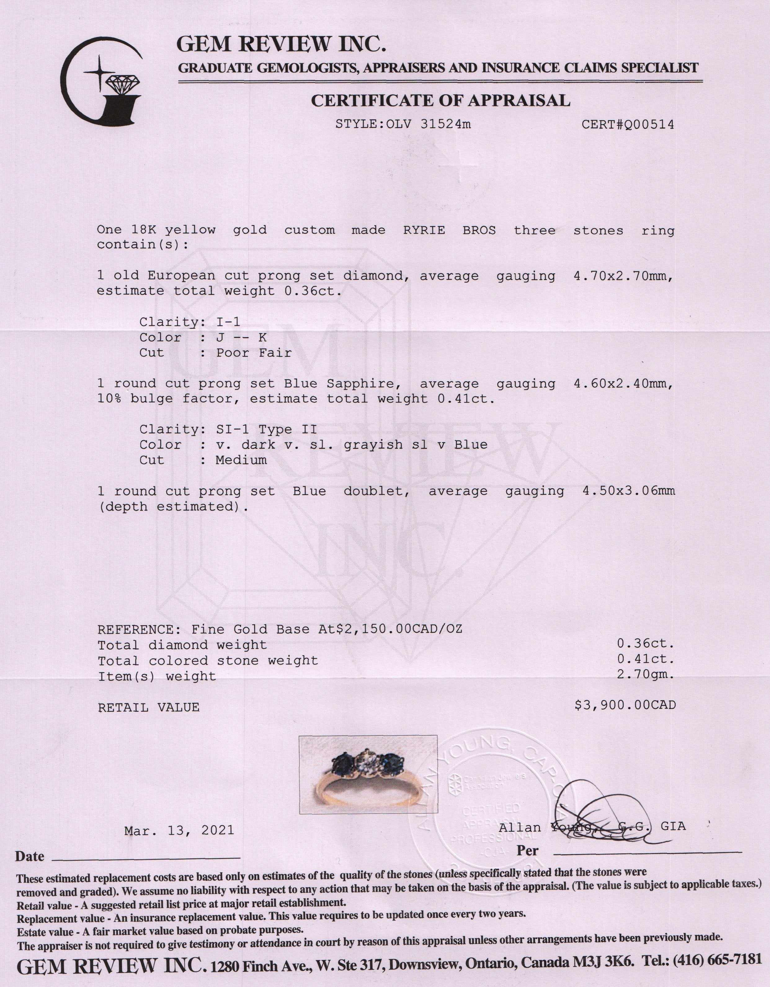 Antique Ryrie Bros Blue Sapphire and Diamond Ring