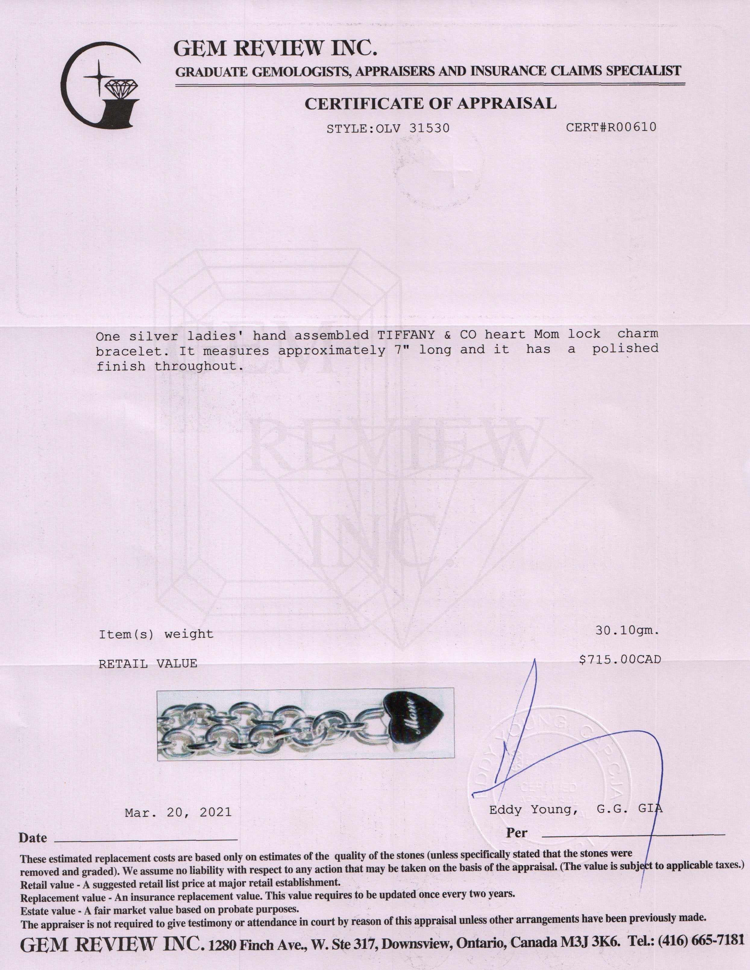 Tiffany & Co. 'Mom' Heart Lock Link Charm Bracelet