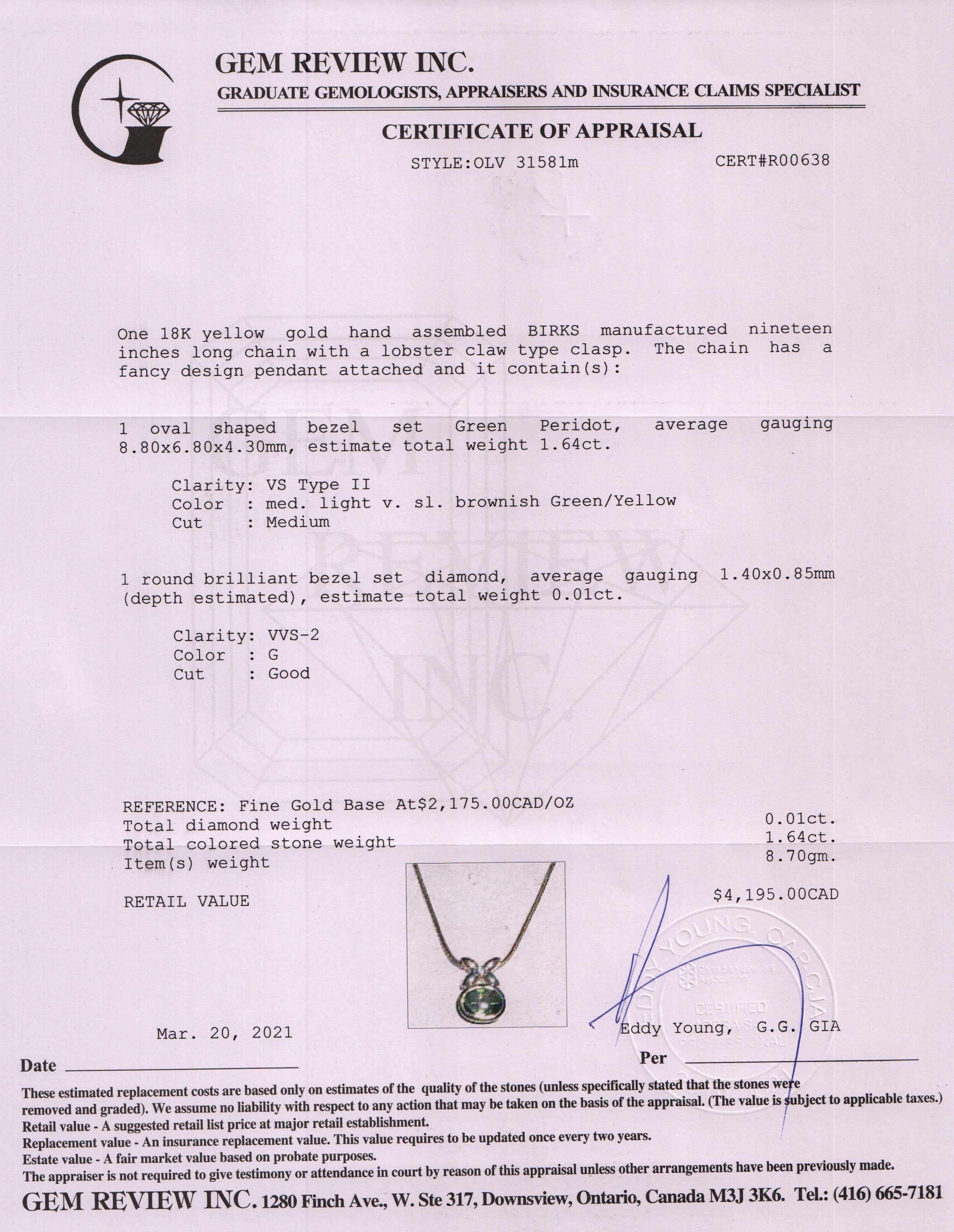 Birks 18k Gold Peridot & Diamond Pendant Necklace