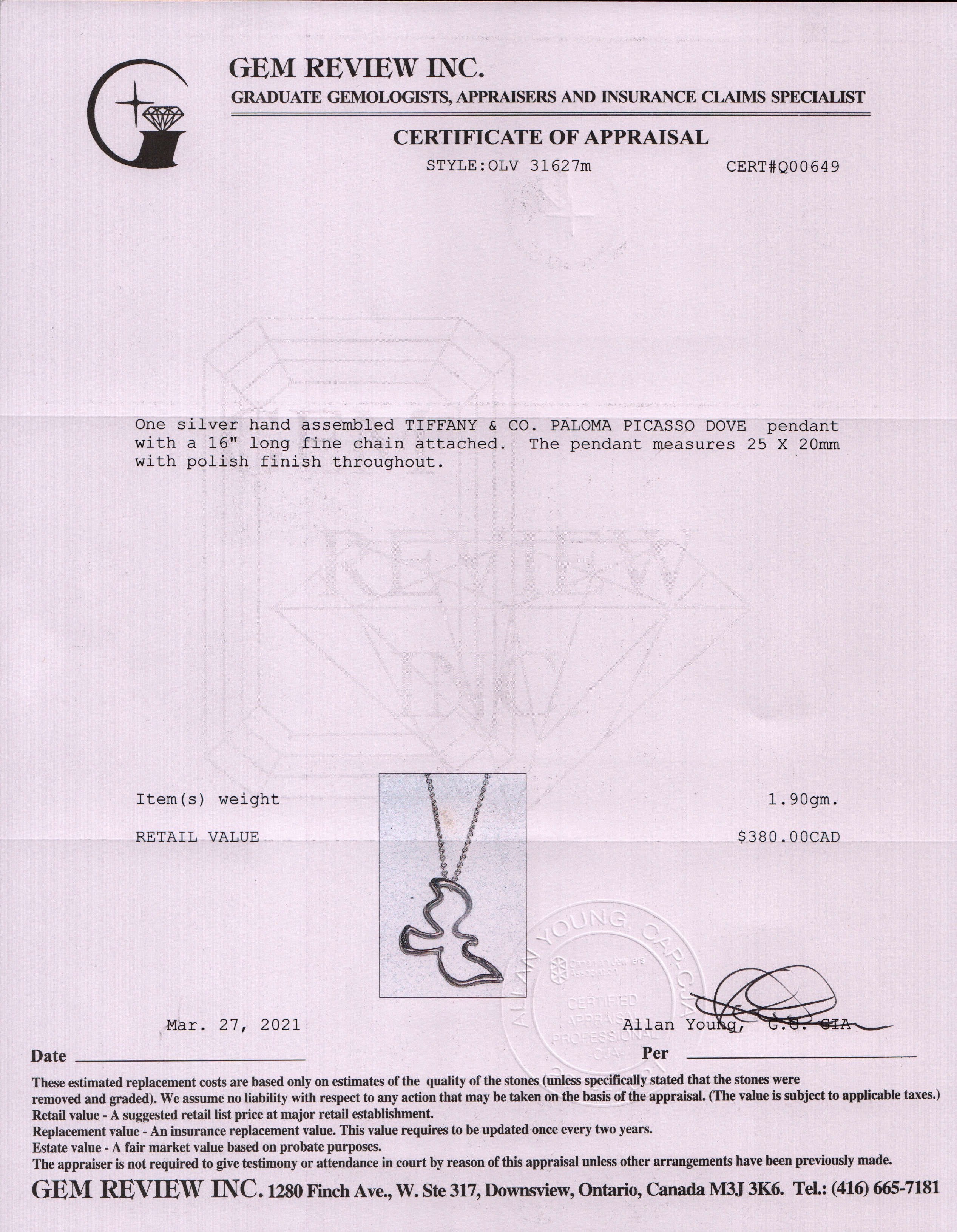 Tiffany & Co. Paloma Picasso Dove Pendant Necklace