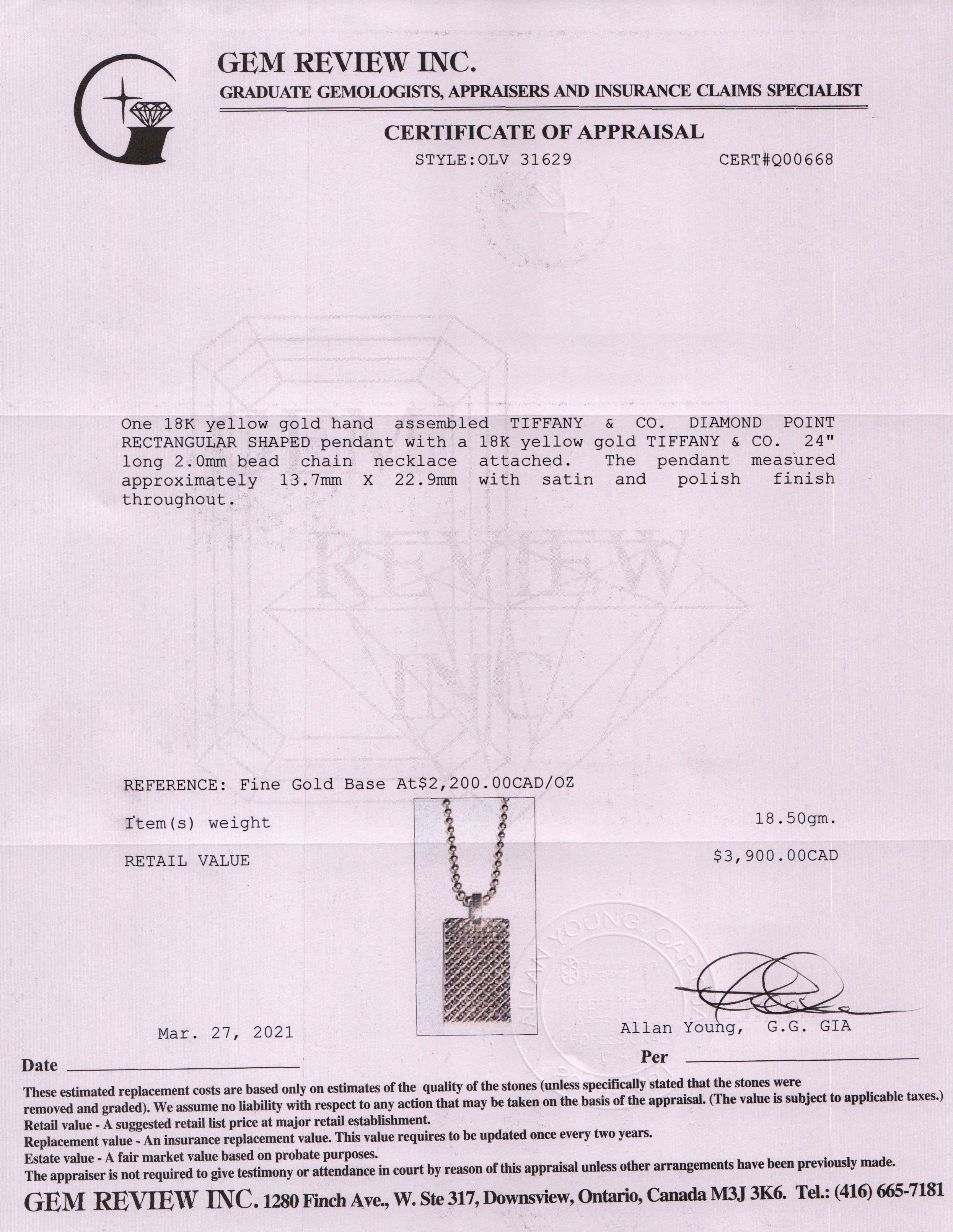 Tiffany & Co. 18k Gold Diamond Point Rectangle Pendant Necklace w/ Box