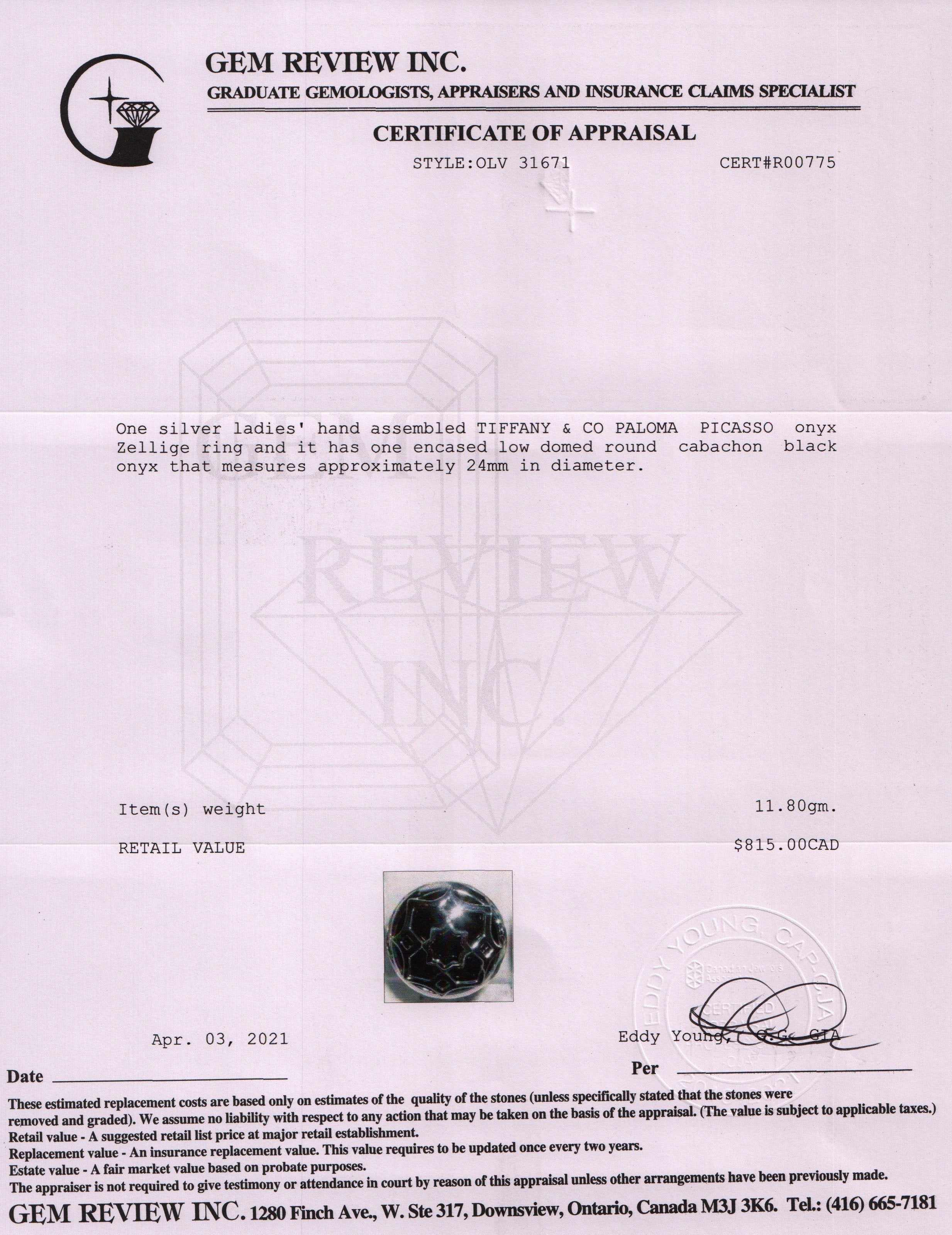 Tiffany & Co. Paloma Picasso Onyx Zellige Ring