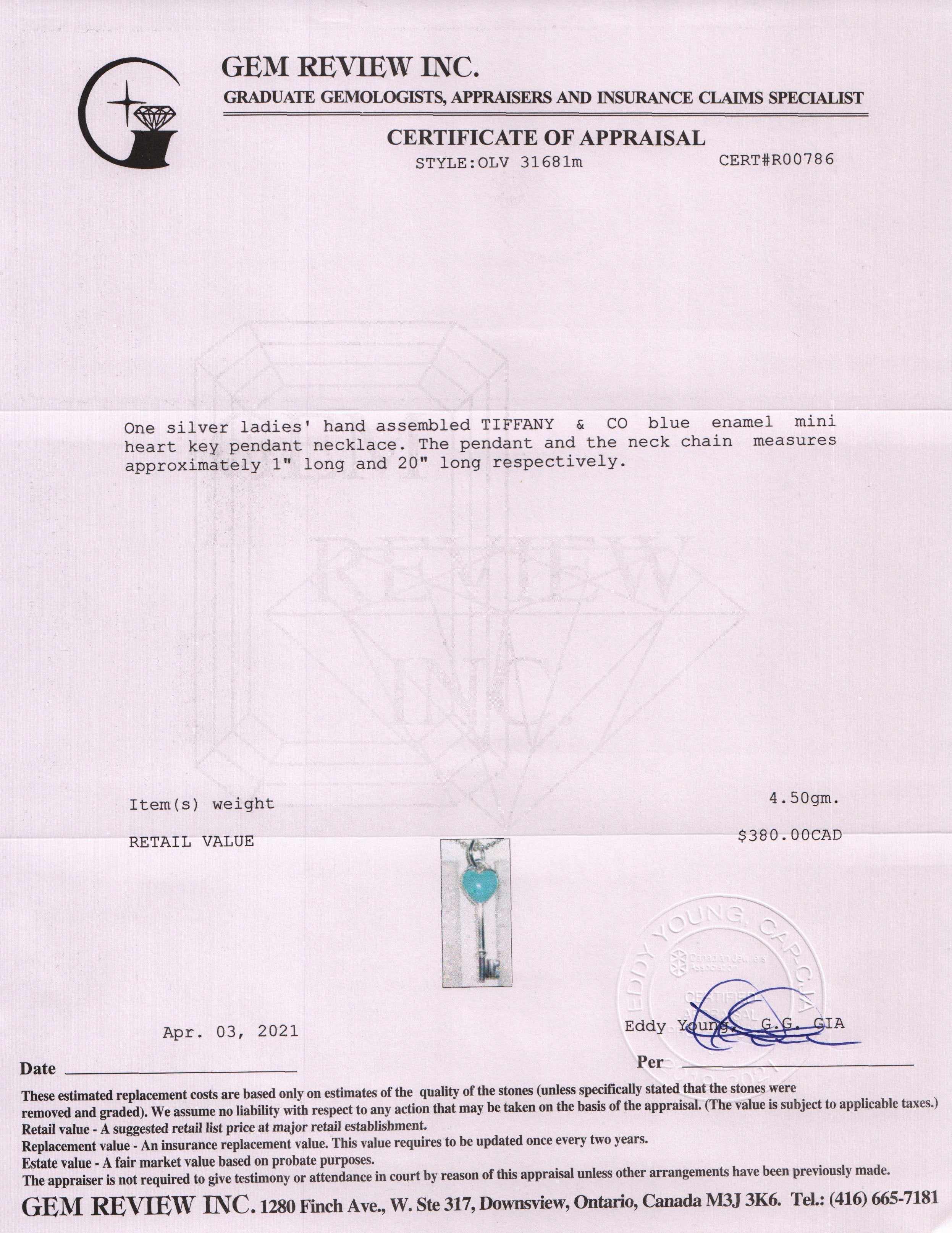 Tiffany & Co. Blue Enamel Mini Heart Key Pendant Necklace