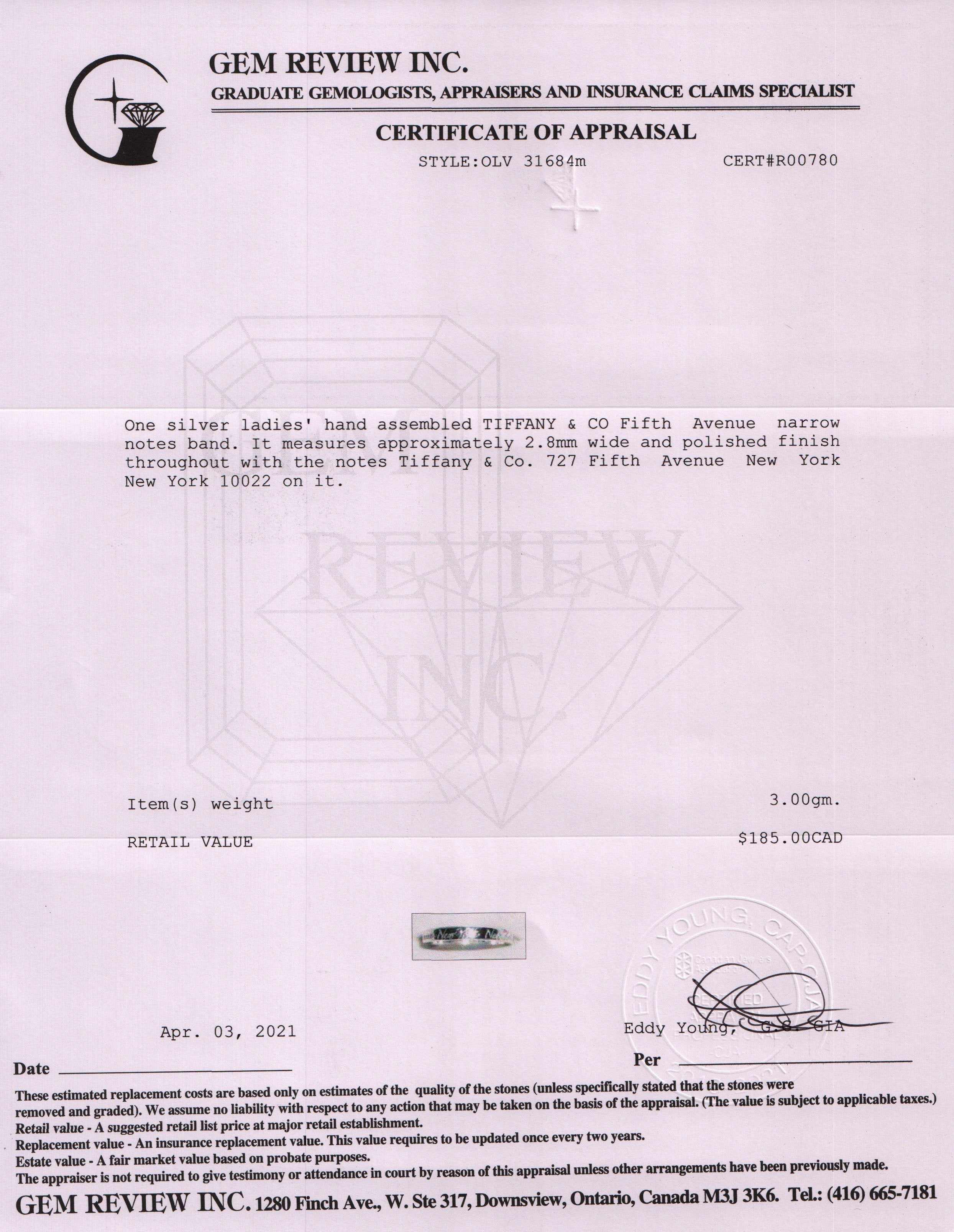 Tiffany & Co. Fifth Ave Narrow Notes Band Ring