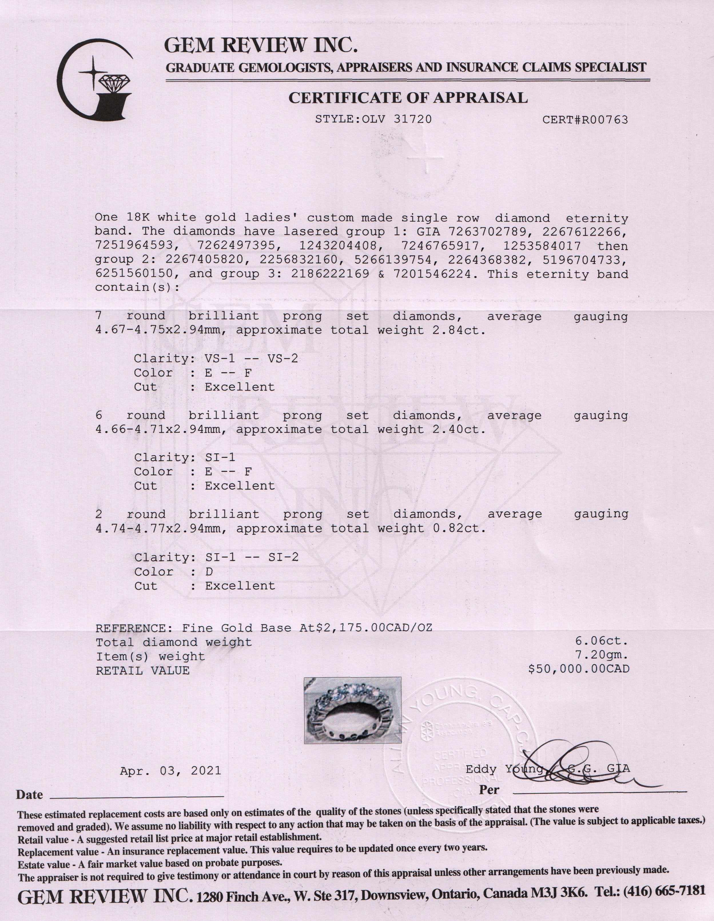 Diamond Eternity Band Ring w/ GIA Certificates