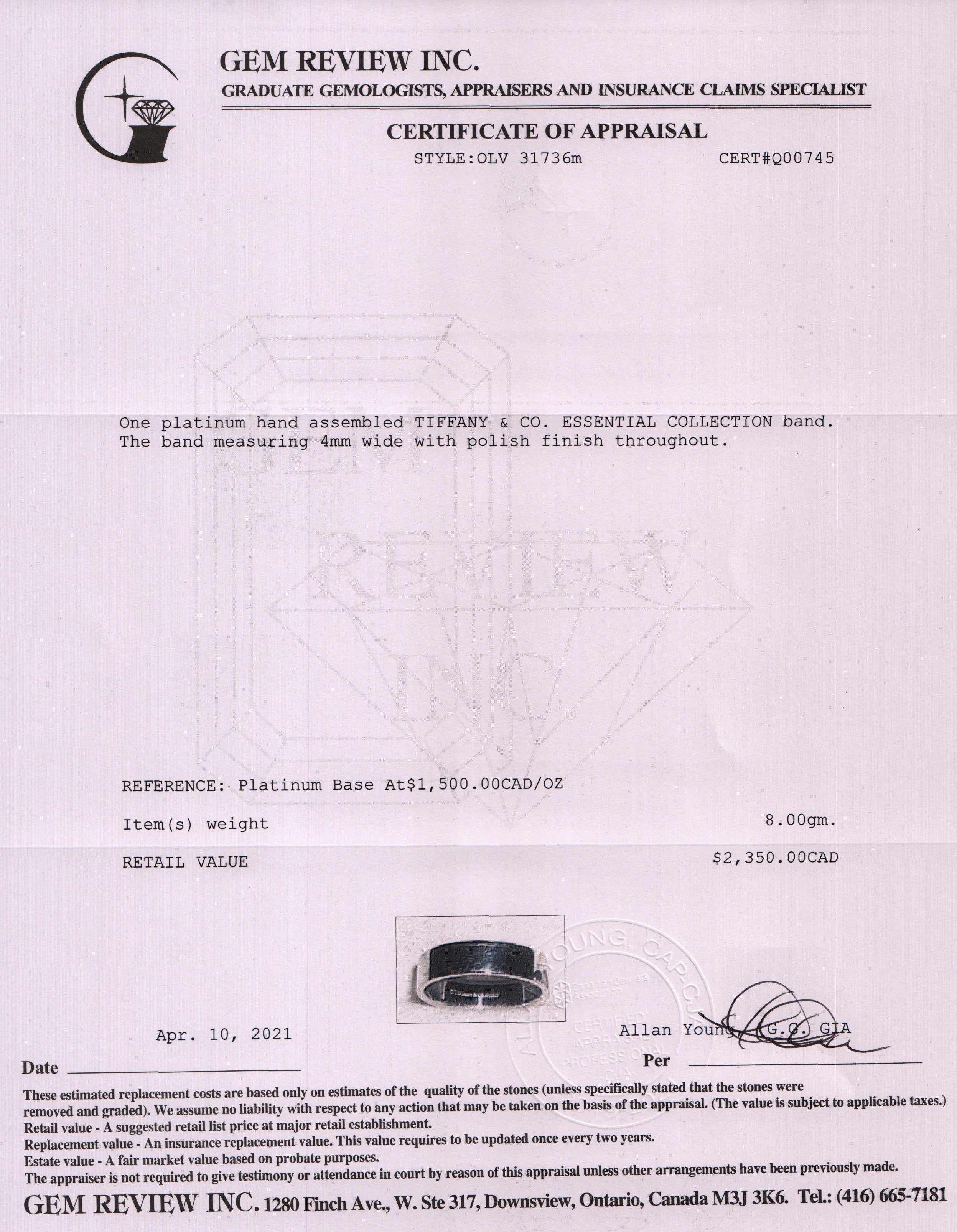 Tiffany & Co. Platinum Essential Band Ring