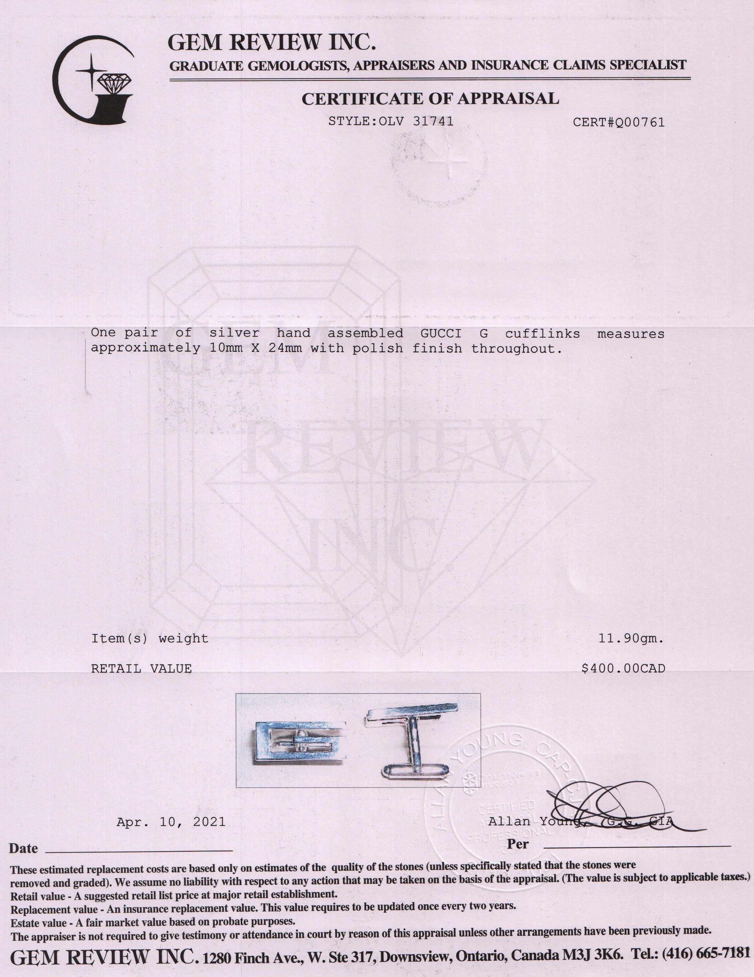 Gucci Sterling Silver G Cufflinks