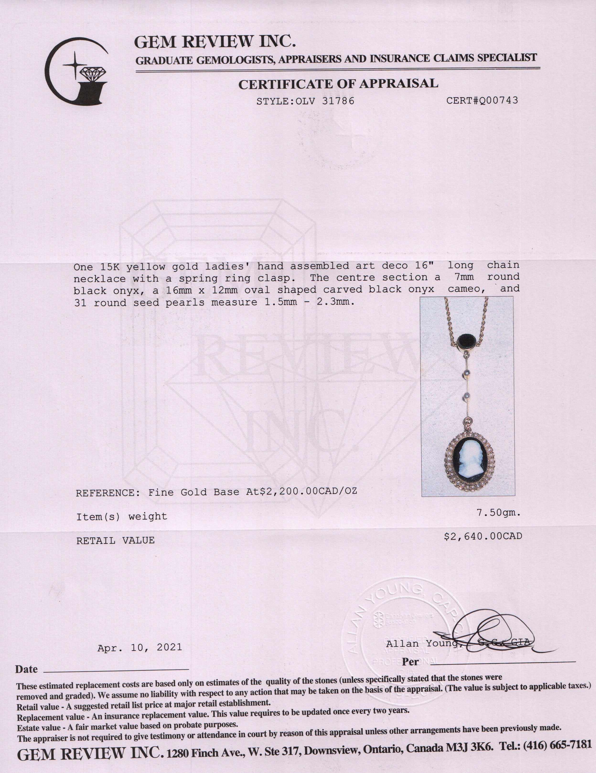 Antique Art Deco Onyx Cameo Pendant Necklace