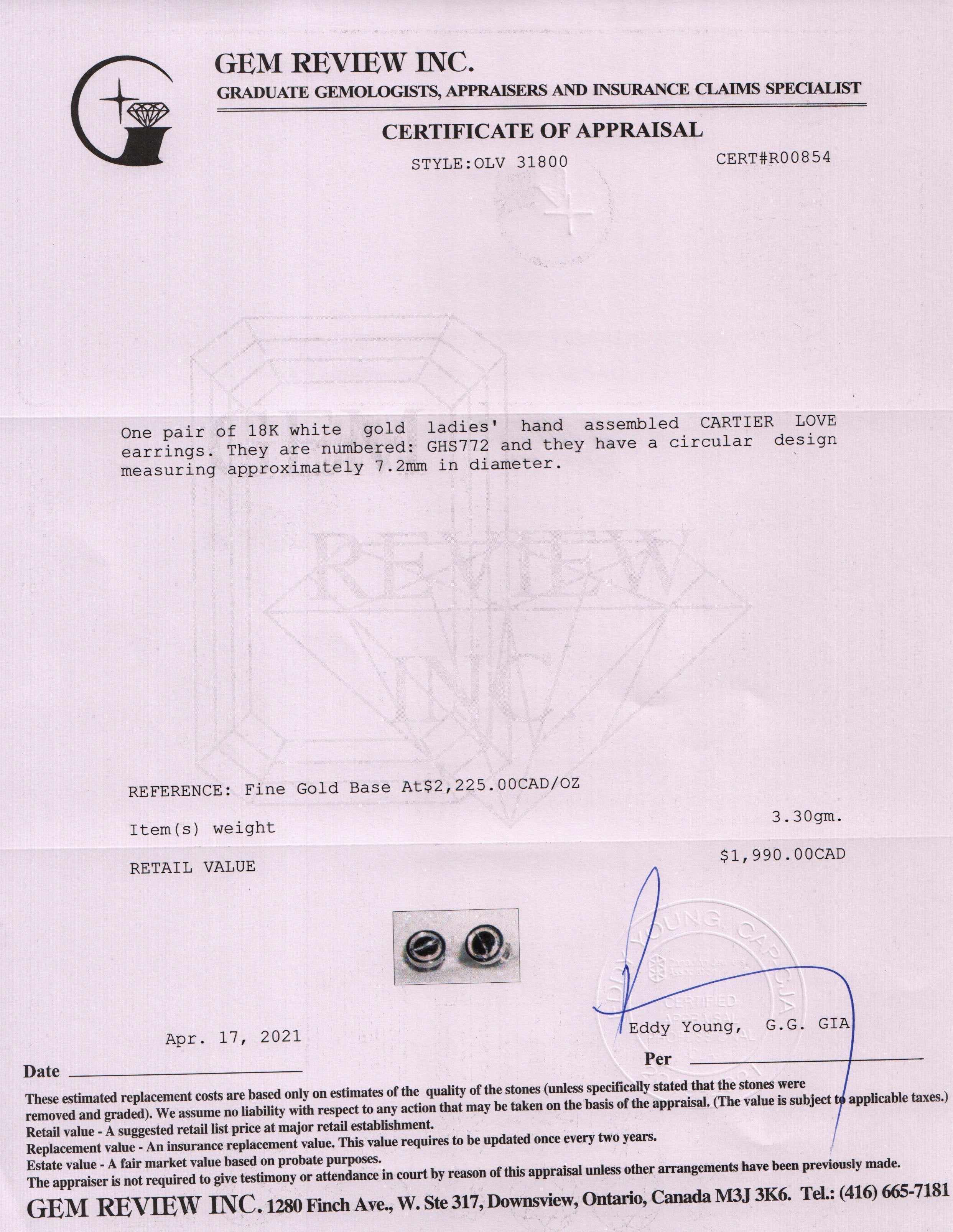 Cartier 18k White Gold Love Earrings w/ Box & Certificate